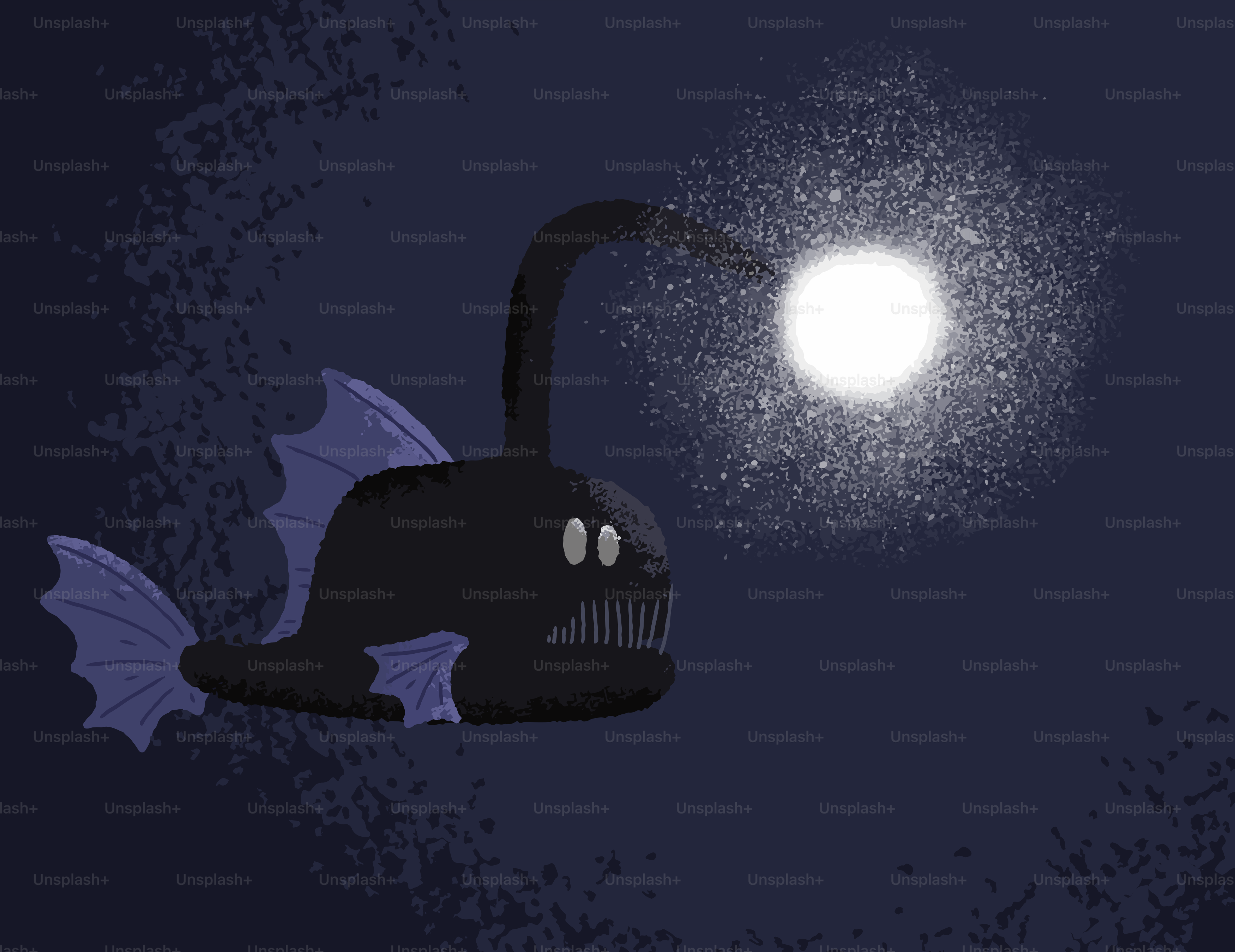 A cartoon anglerfish glows in the dark.