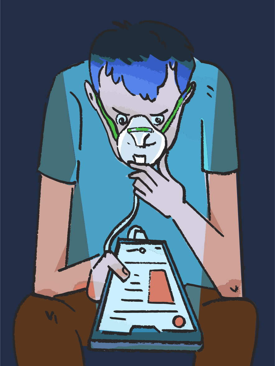 A sick person stares at a tablet.