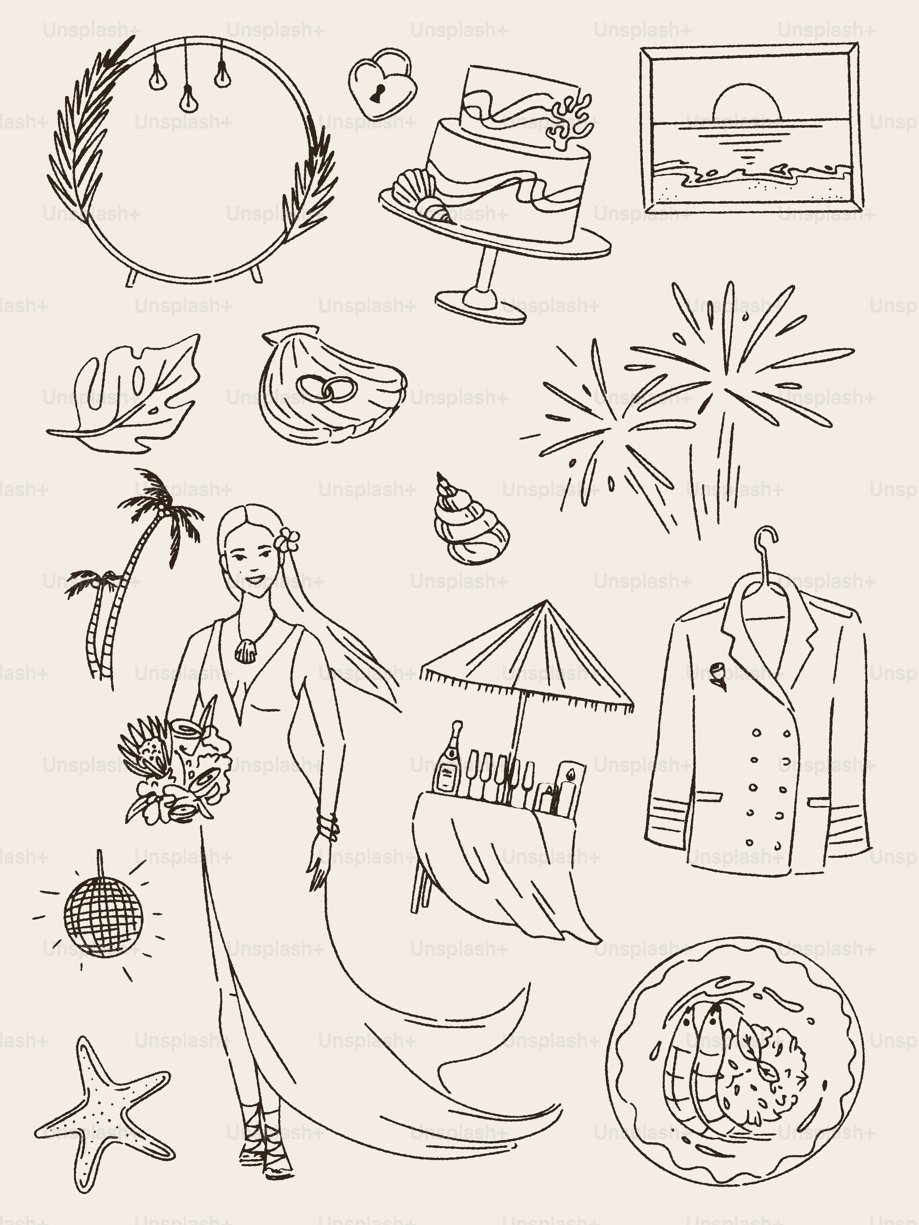 Illustrazioni a tema matrimonio tra cui torta, sposa e decorazioni