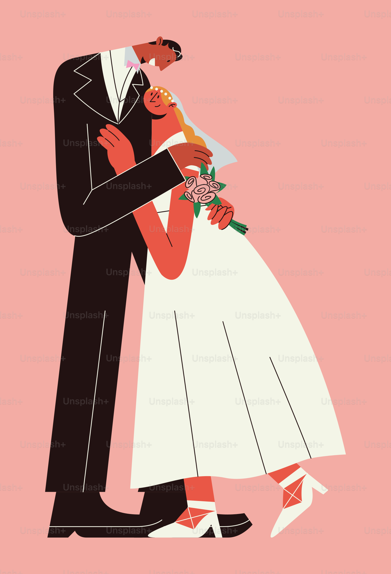A newly married couple share a tender embrace.