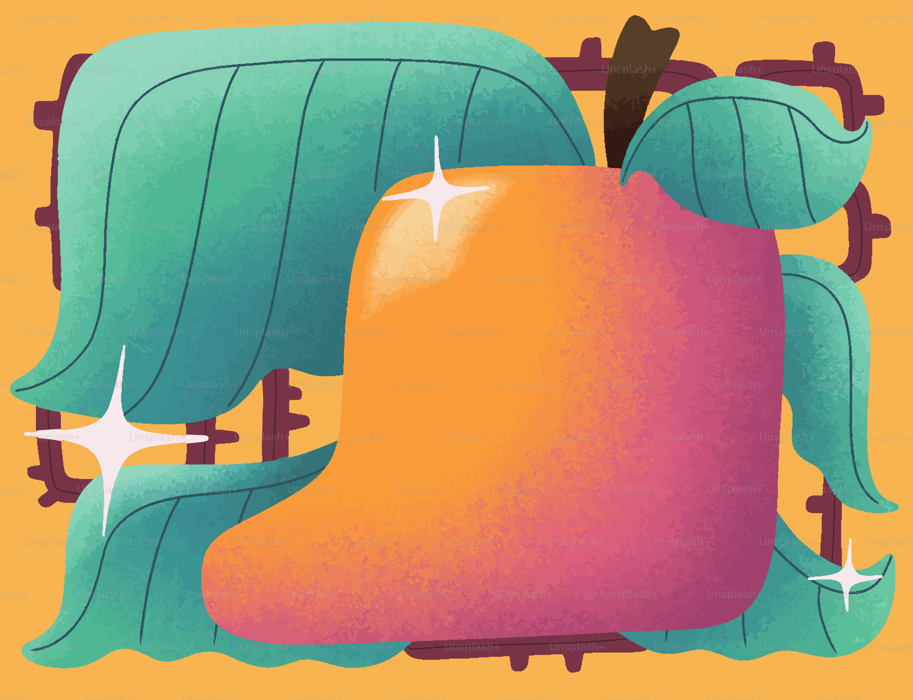 A colorful, stylized fruit surrounded by leaves.