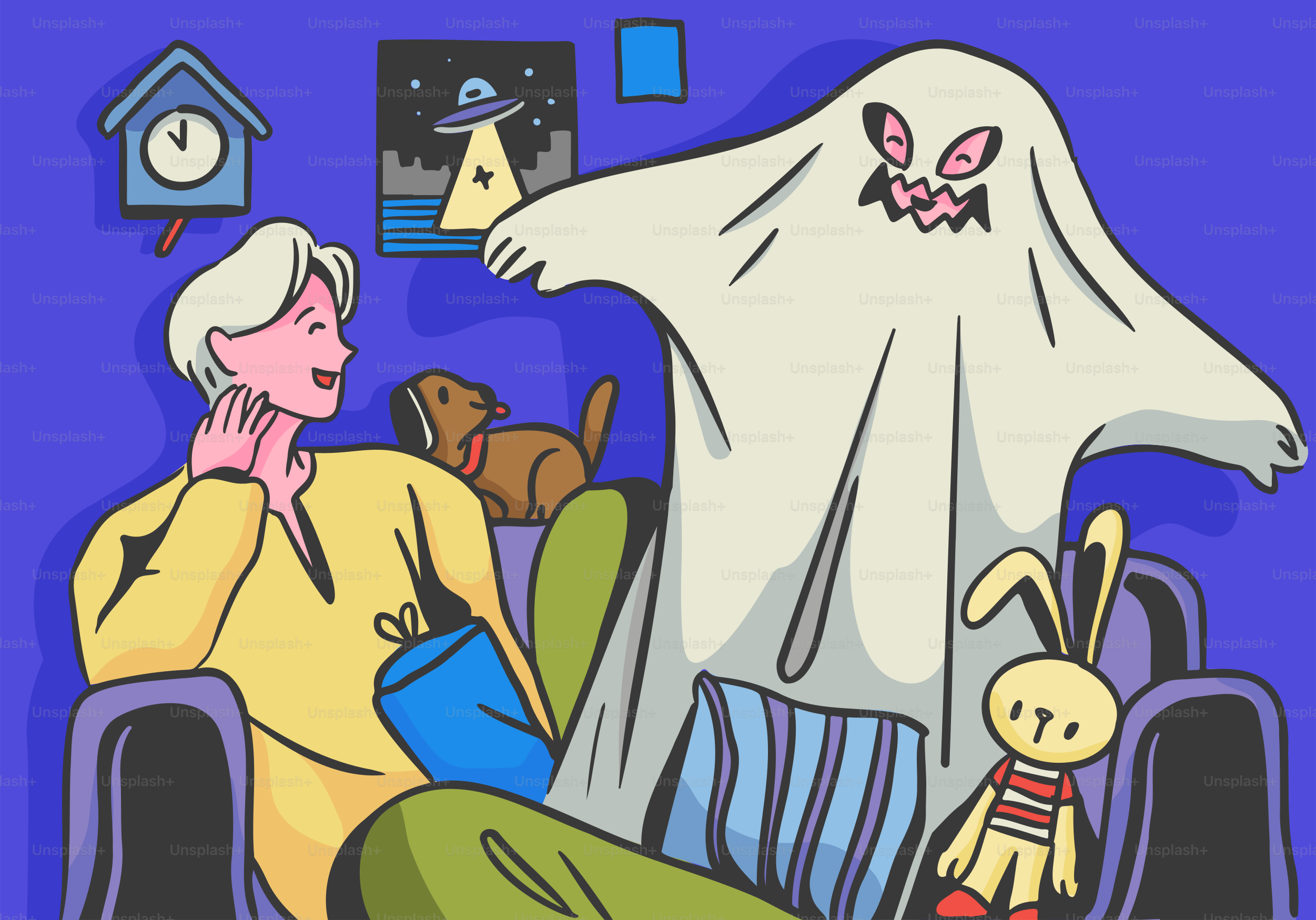 A man laughs at a friendly ghost in a room.