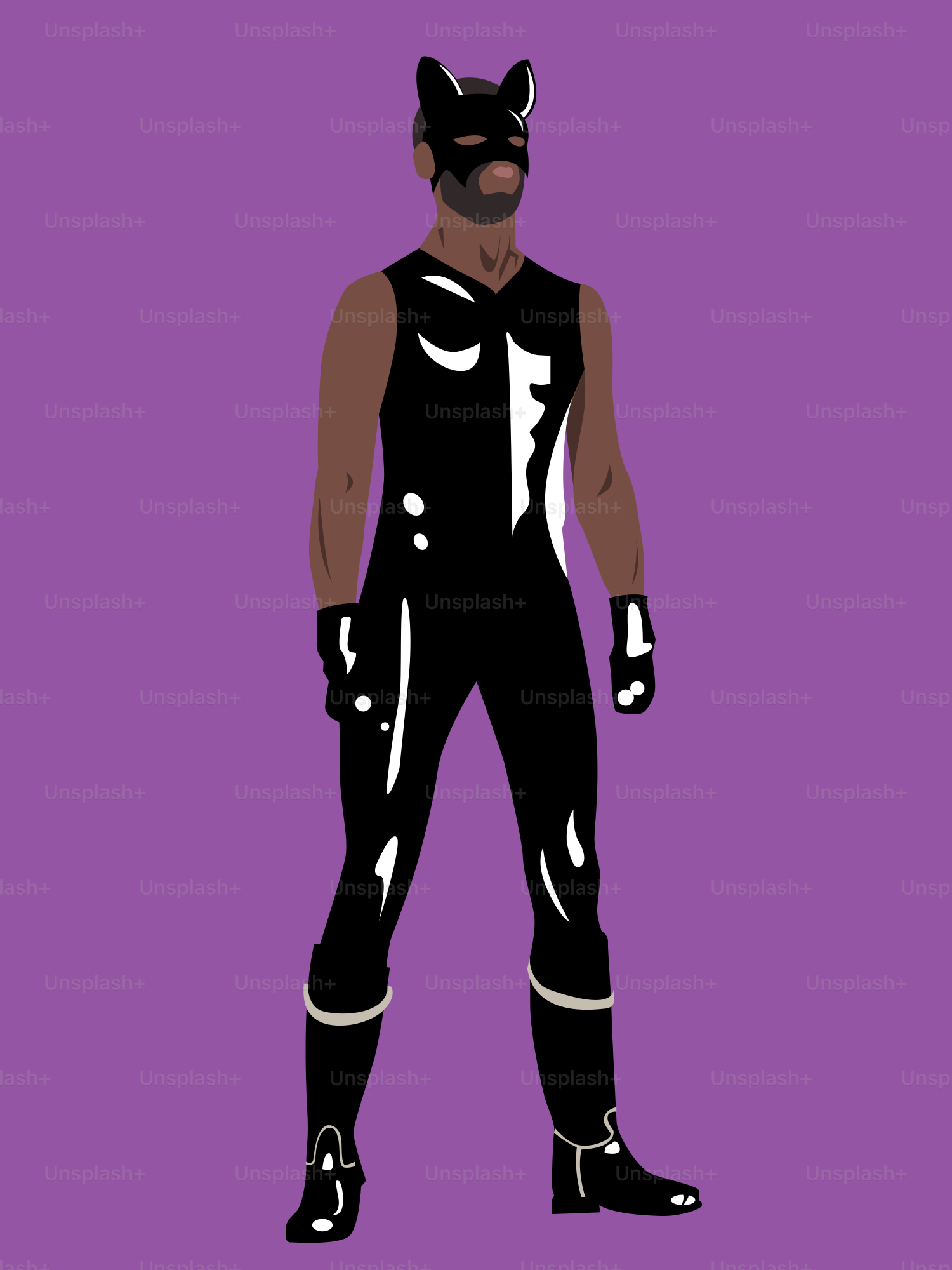 A man is wearing a cat mask and suit.