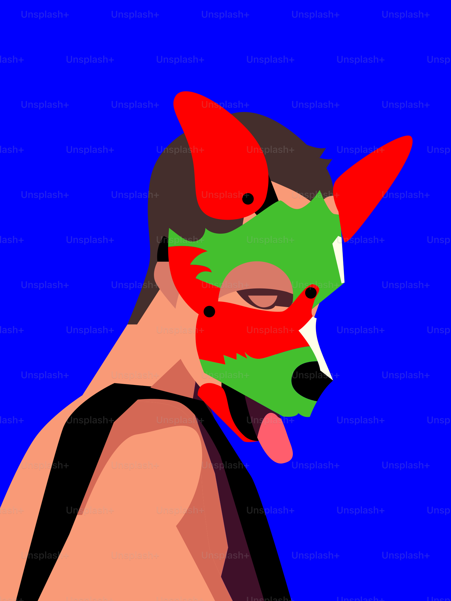 A person is wearing a colorful dog mask.