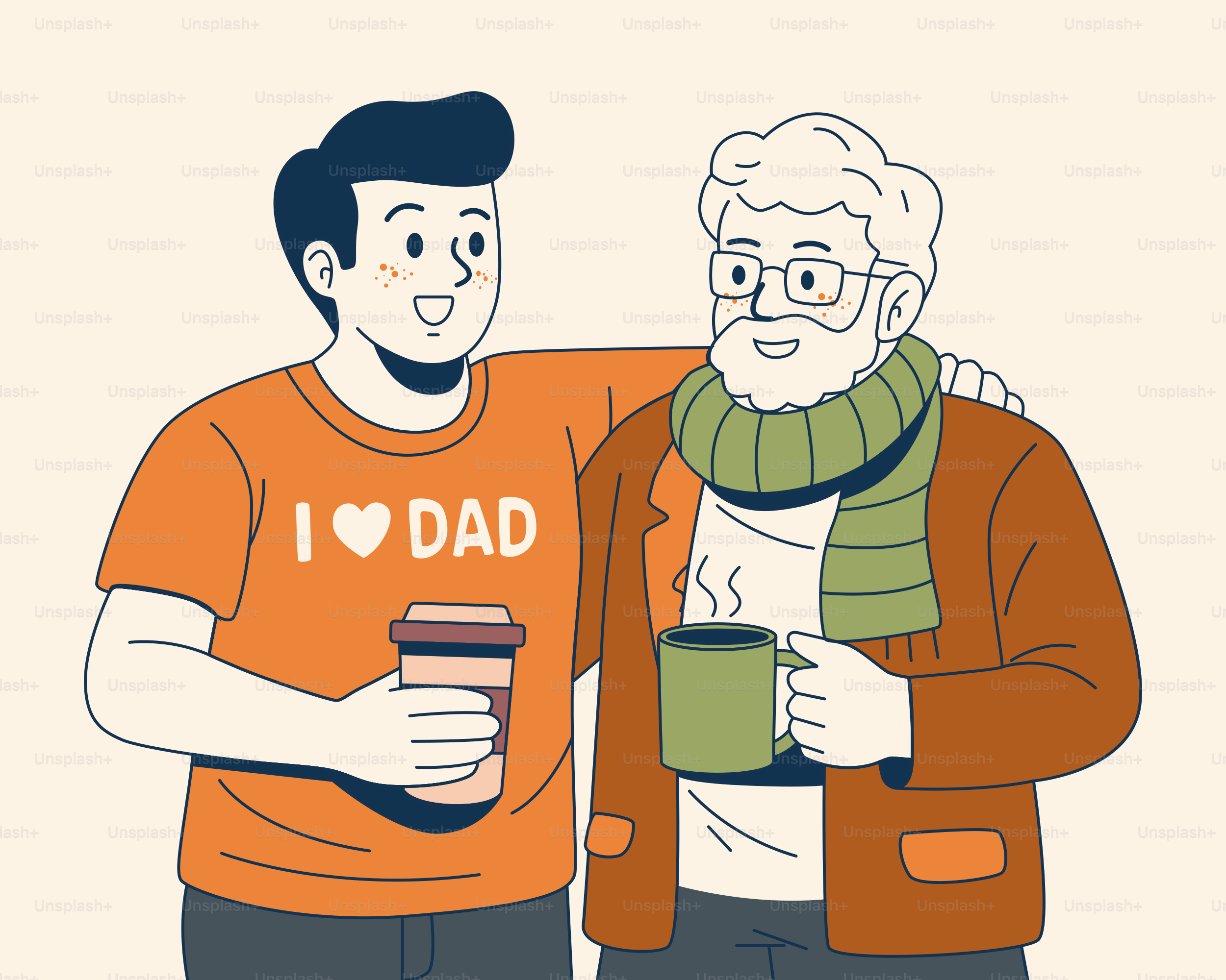Son and dad enjoying coffee together.