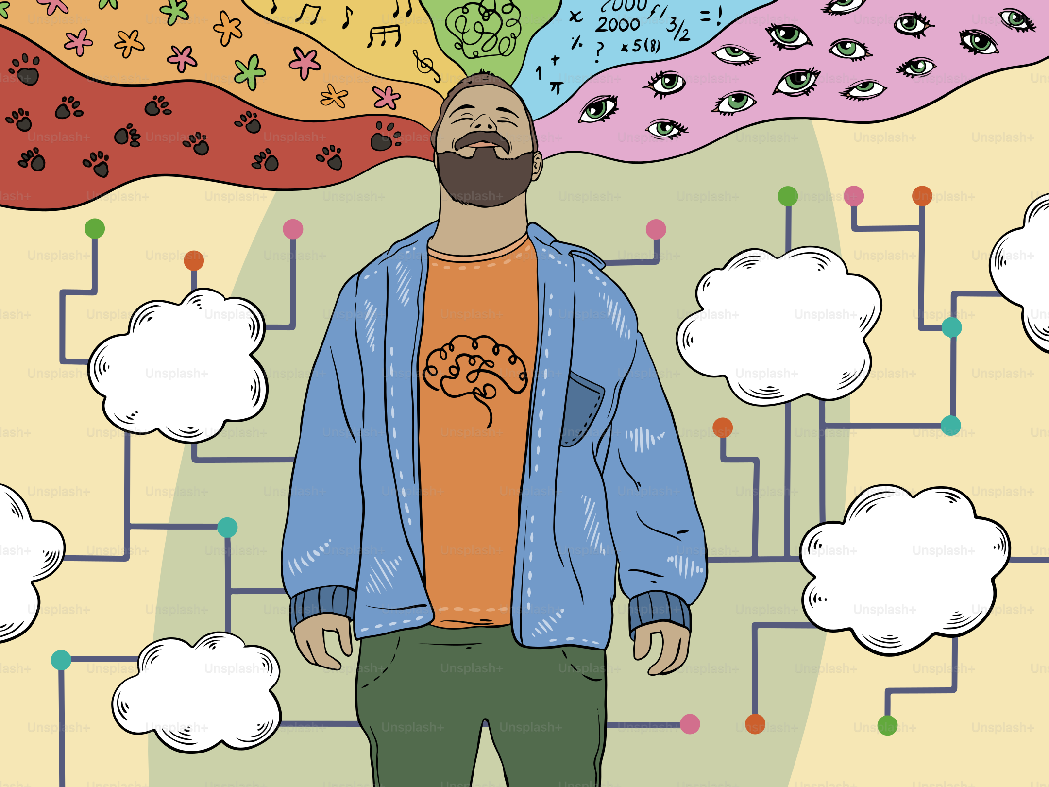 A man's thoughts explode with colorful concepts.