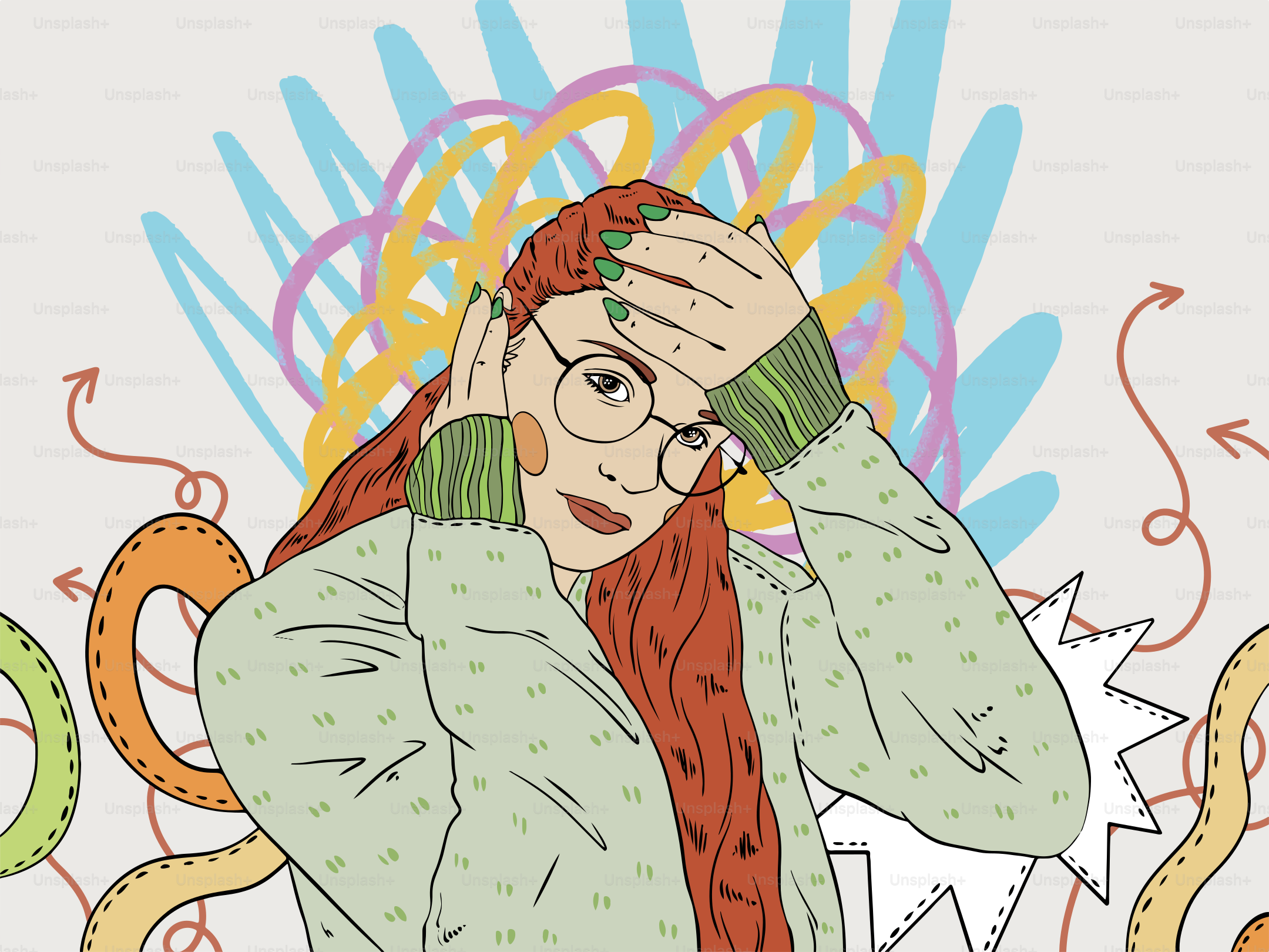 Seorang wanita memegangi kepalanya di tengah coretan warna-warni.