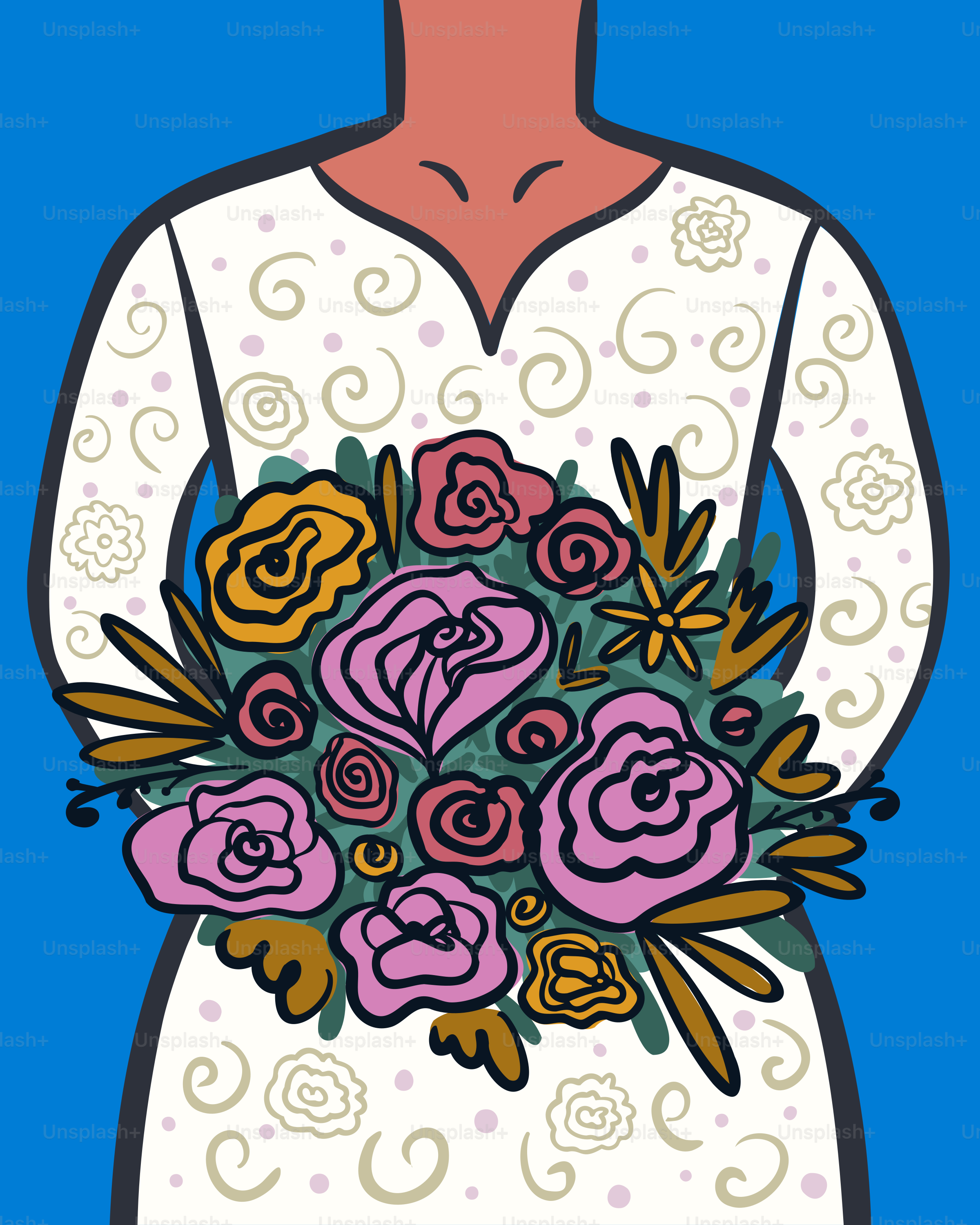 Bride holding colorful bouquet.