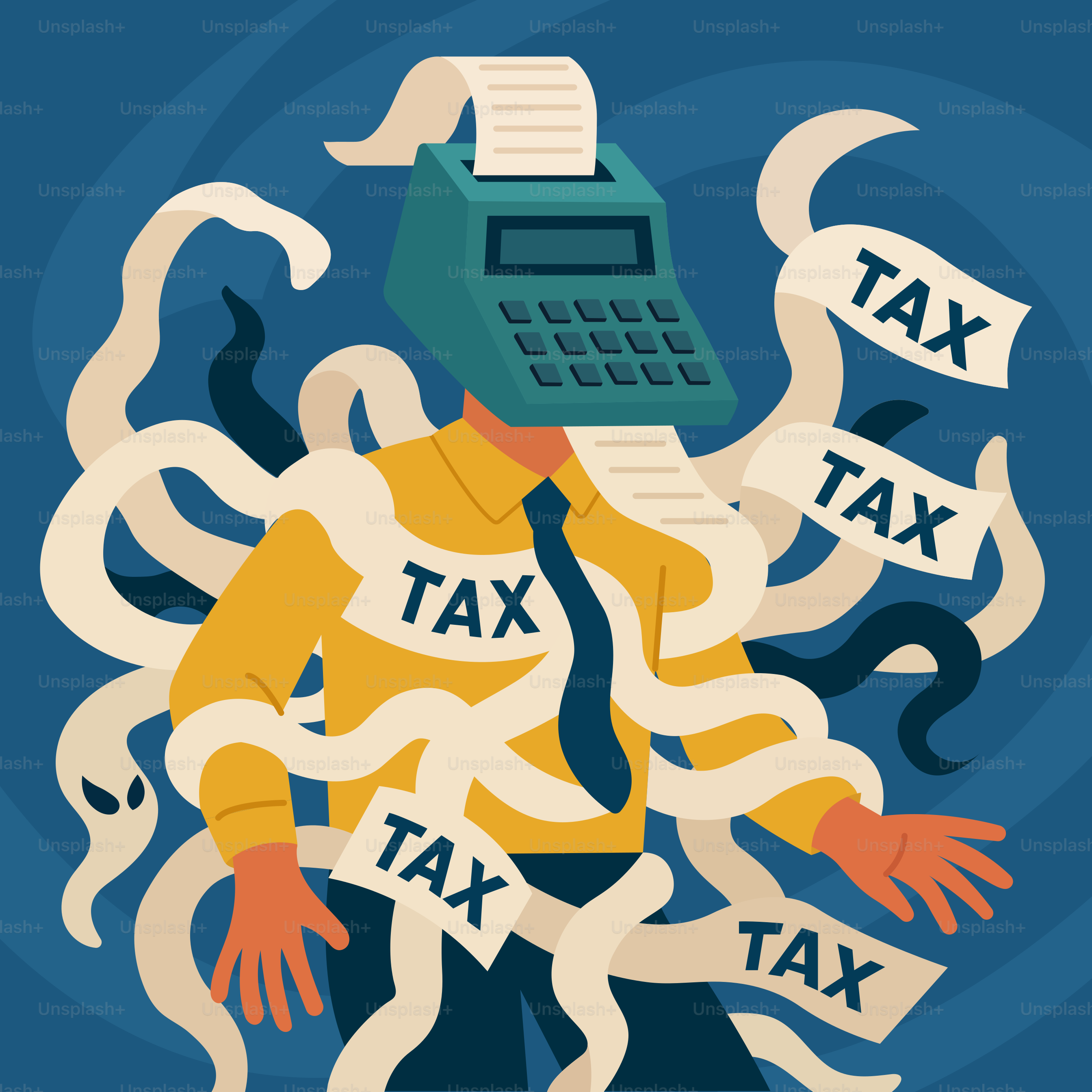 Les impôts submergent une personne avec une calculatrice à la place d’une tête.