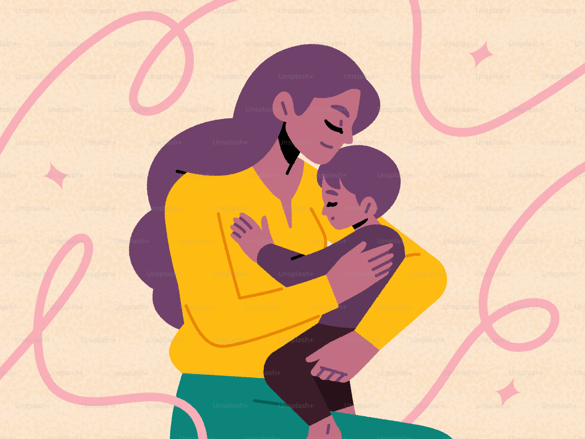 Mother lovingly embraces her child.