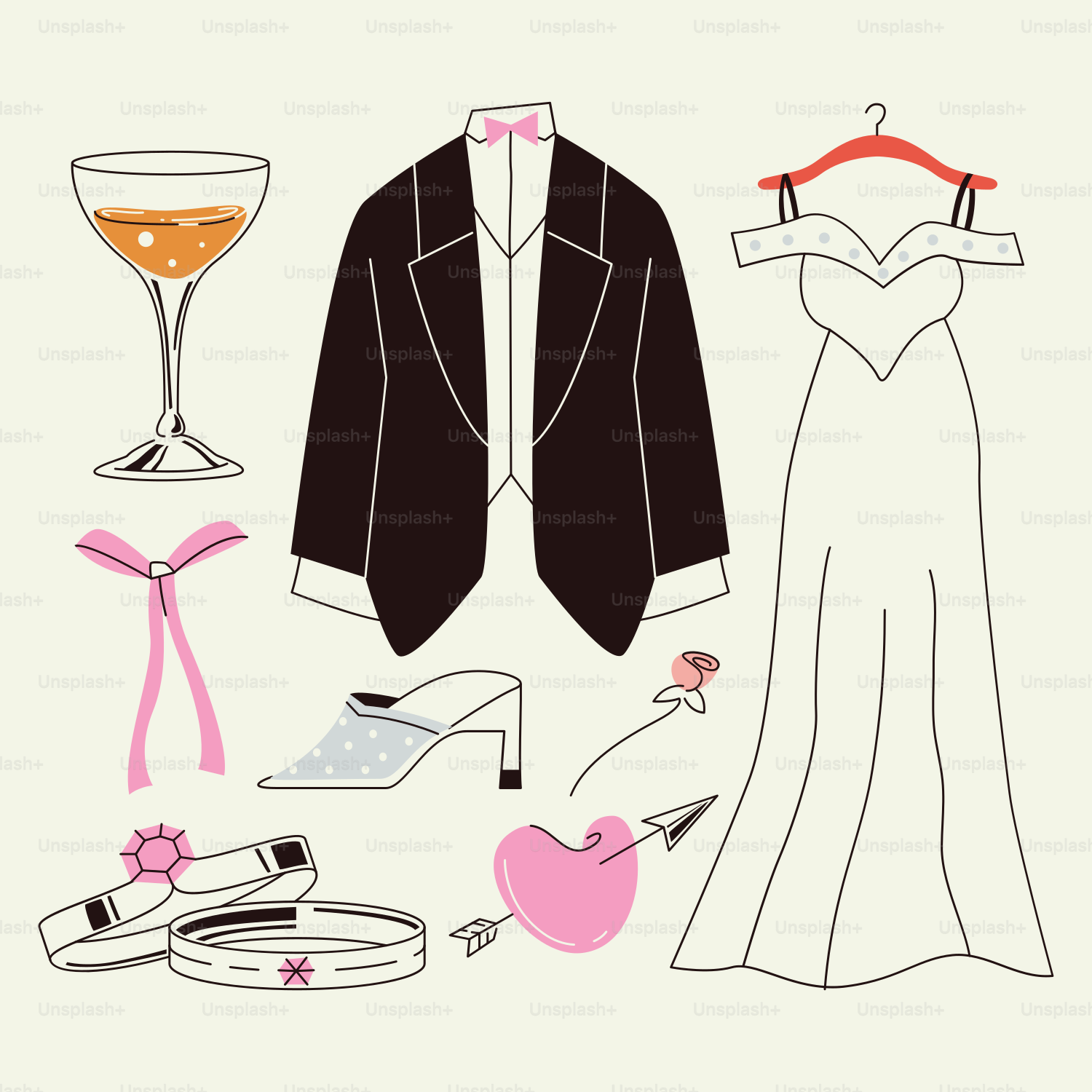 Wedding attire and accessories are featured.