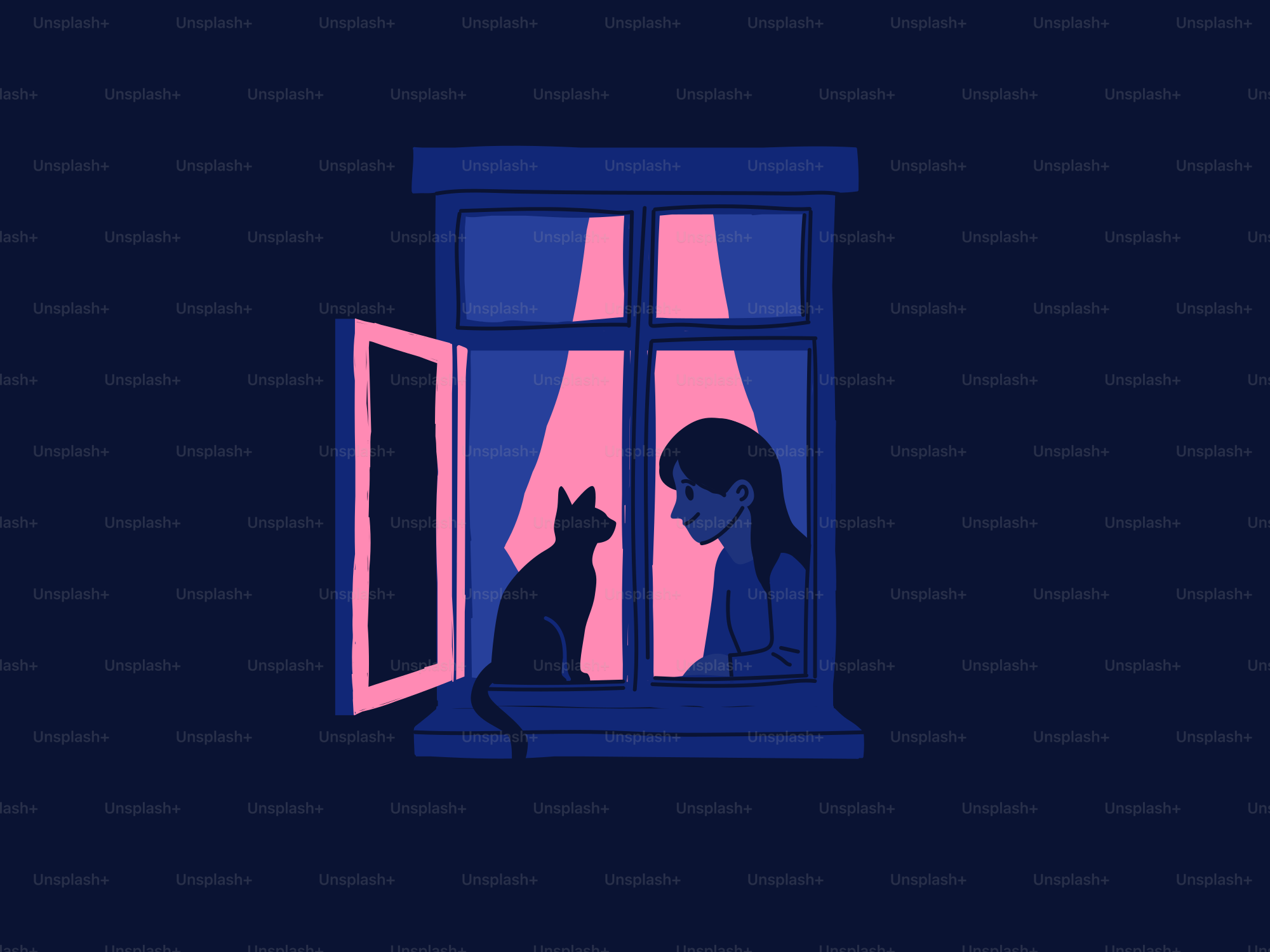 Eine Frau und eine Katze sitzen im Fenster.