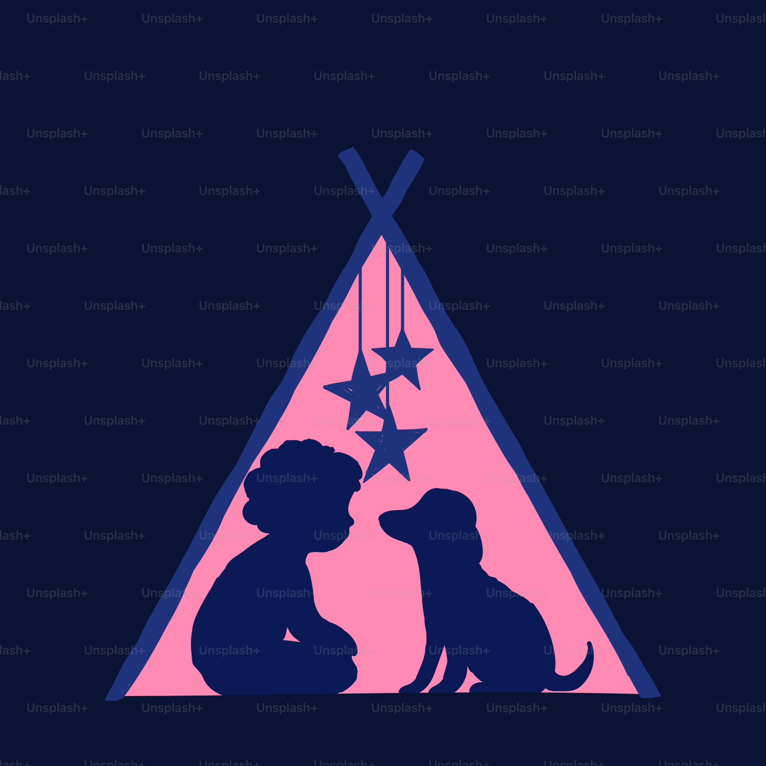 Child and dog sit together in a teepee