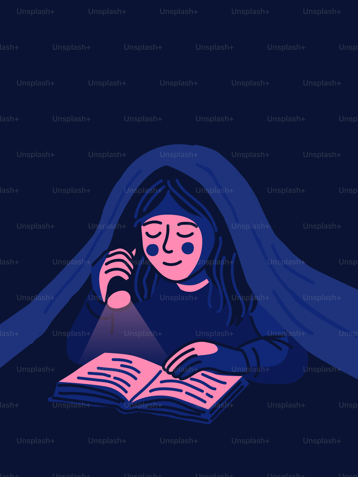 La fille lit un livre sous une couverture avec une lampe torche.