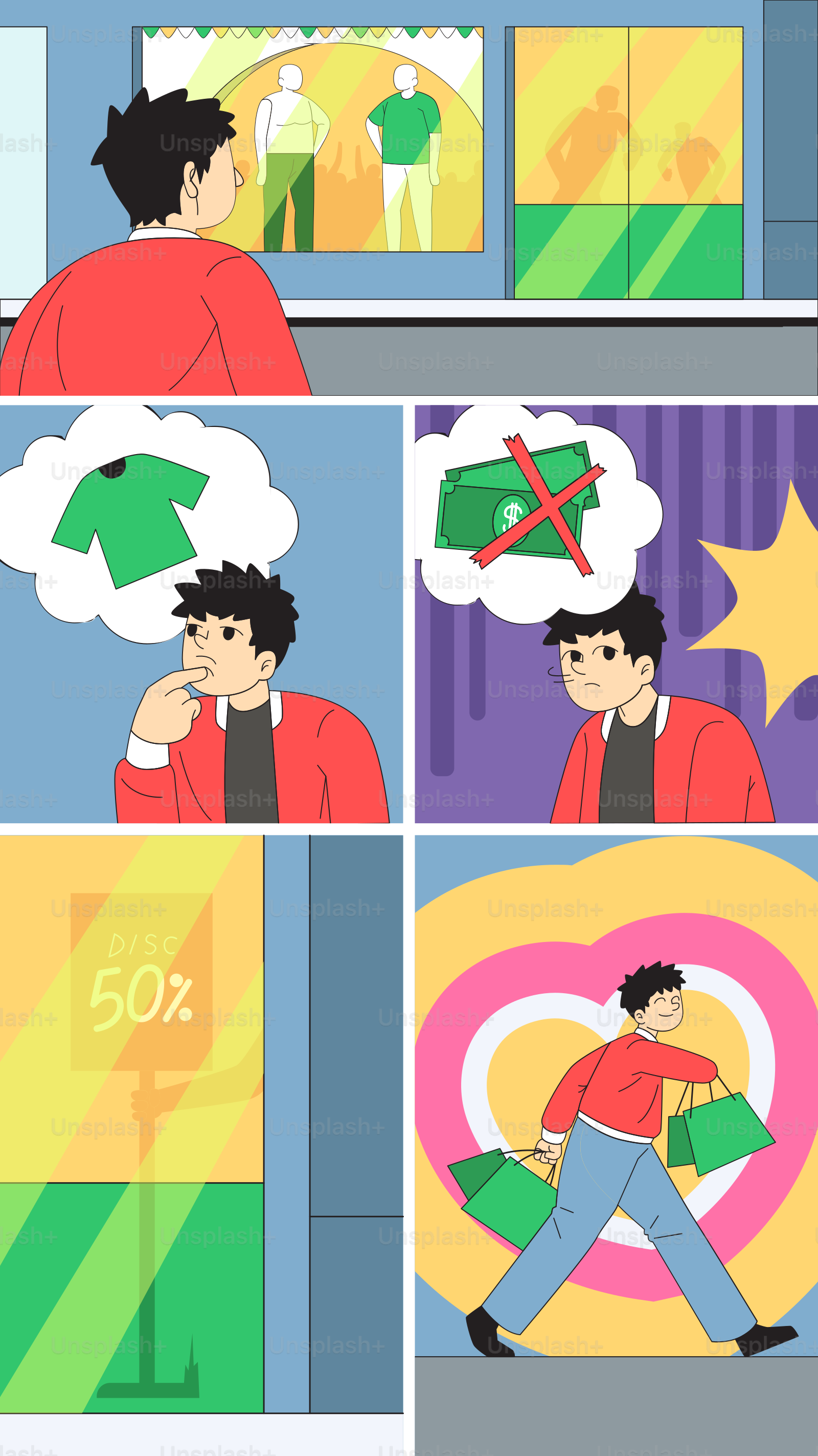 Man sees a discount and goes shopping happily.