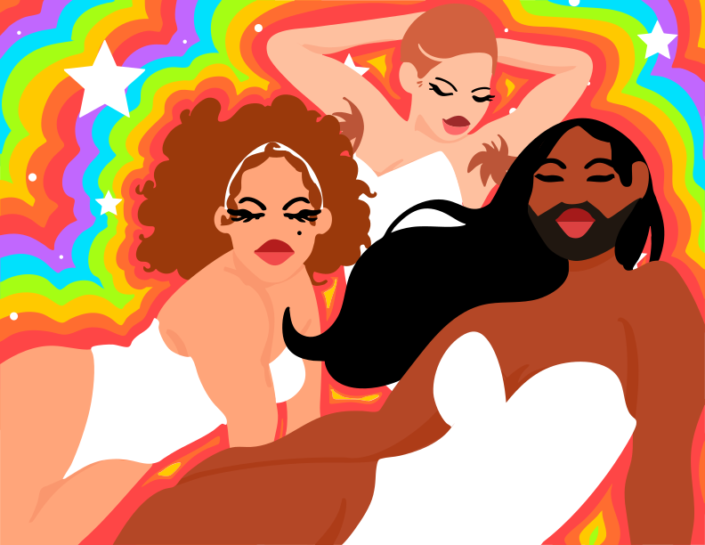 Tre drag queen posano in una scena psichedelica.