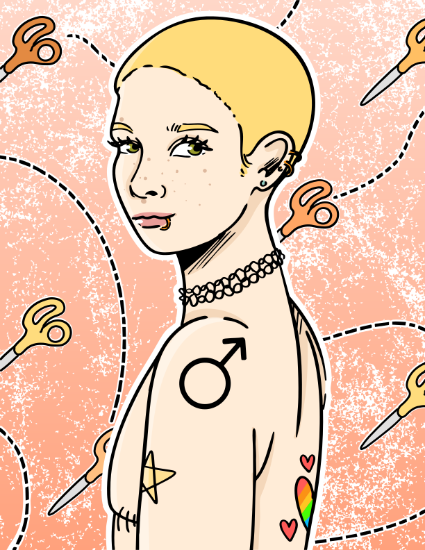 Une personne est représentée avec un symbole transgenre.