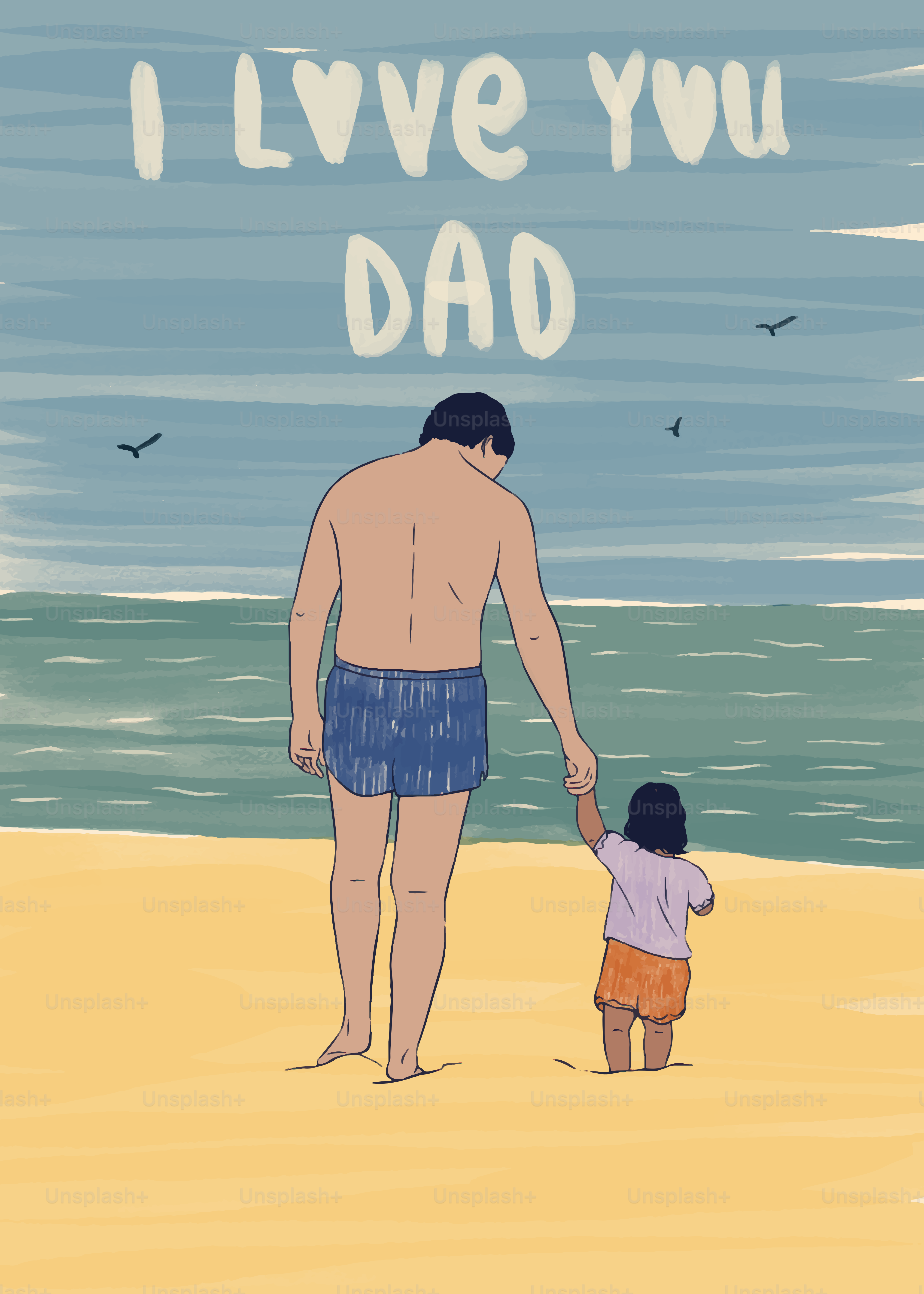 Father and child walk on the beach, saying "i love you."