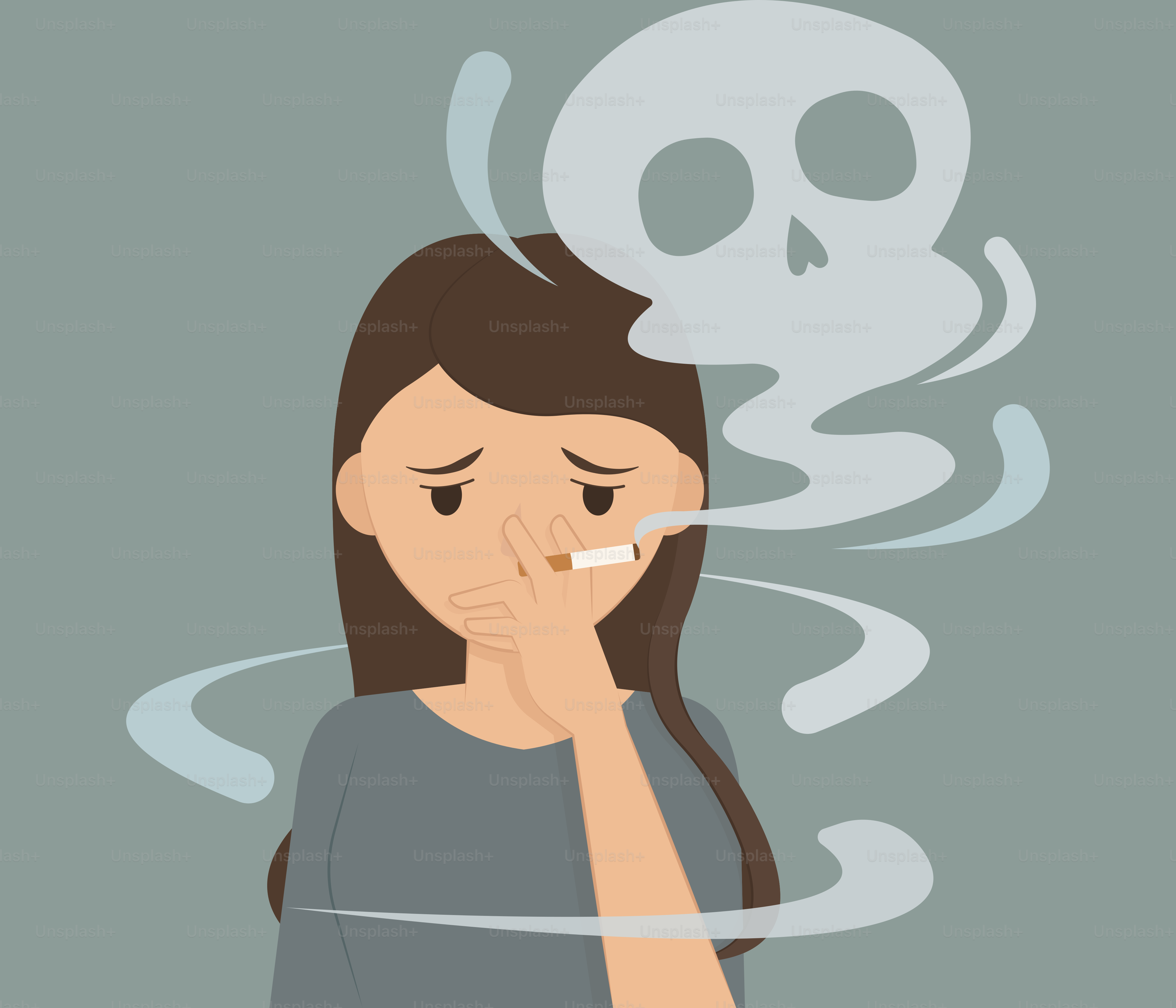 Smoking kills, depicting a woman and a skull.