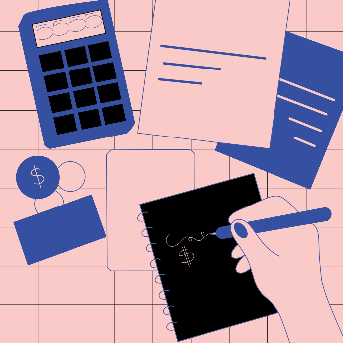 Budgeting: a hand writing in a notebook near money.