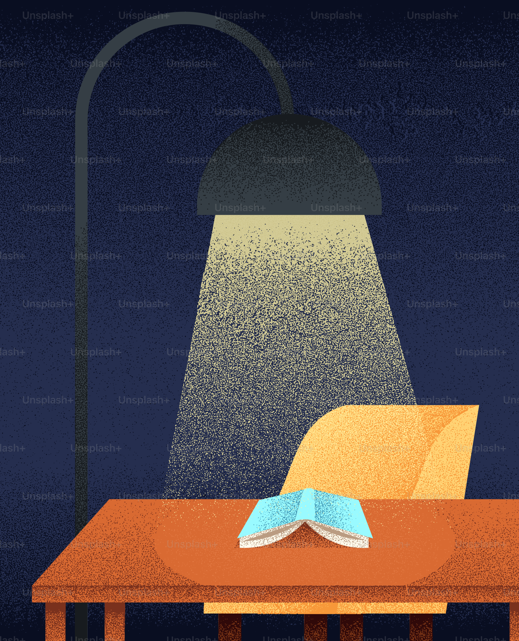 A desk lamp illuminates a book on a desk.