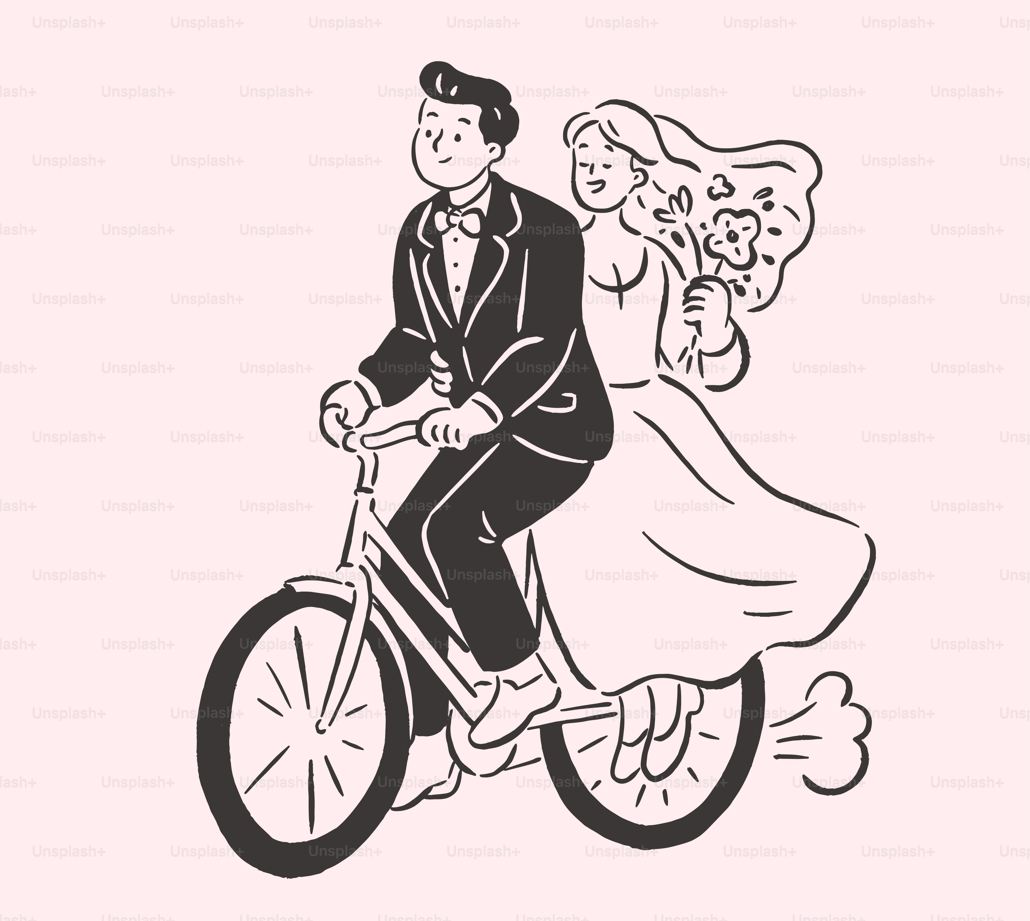 Newlyweds happily ride a bicycle together.