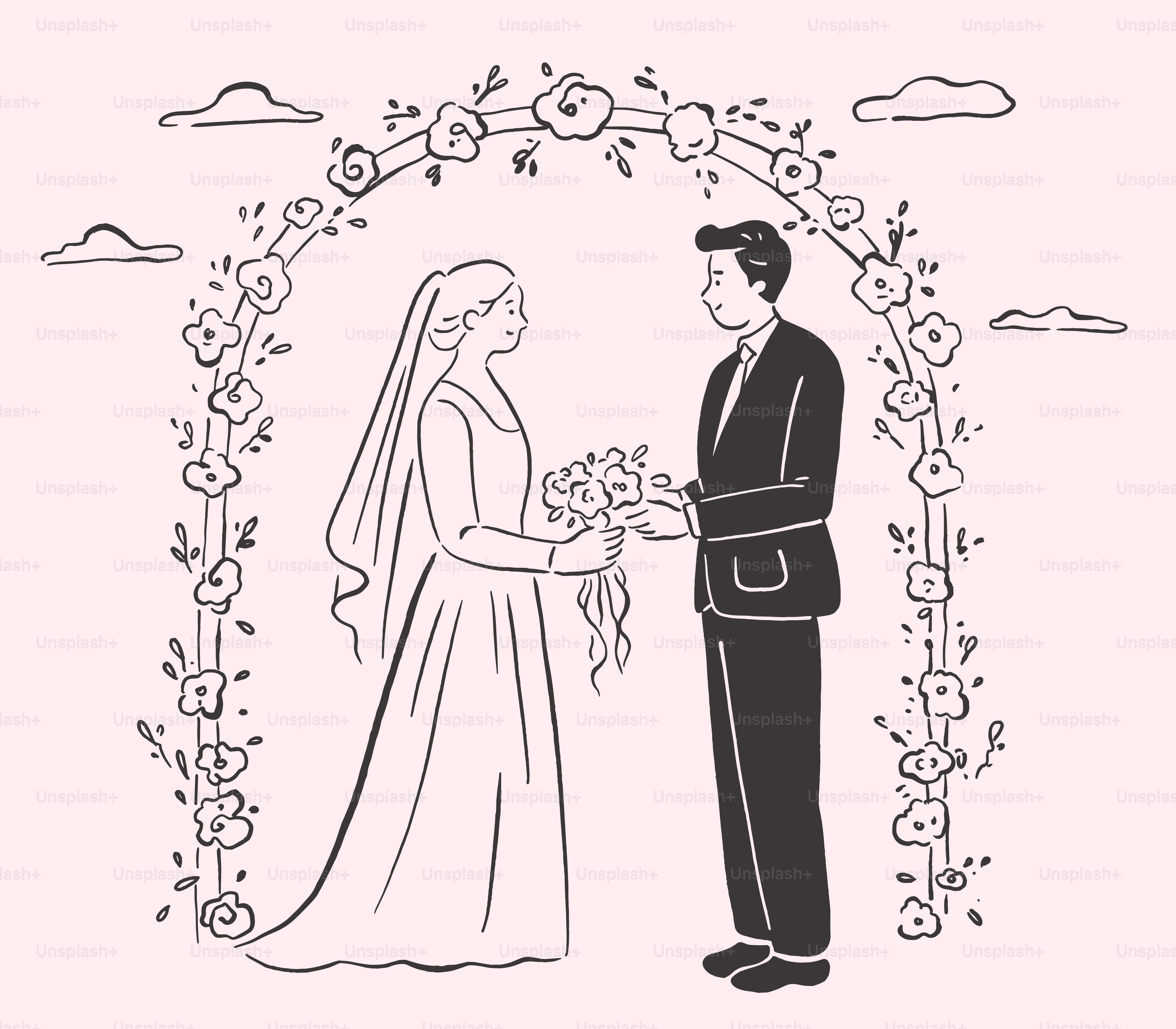A couple gets married under a floral arch.