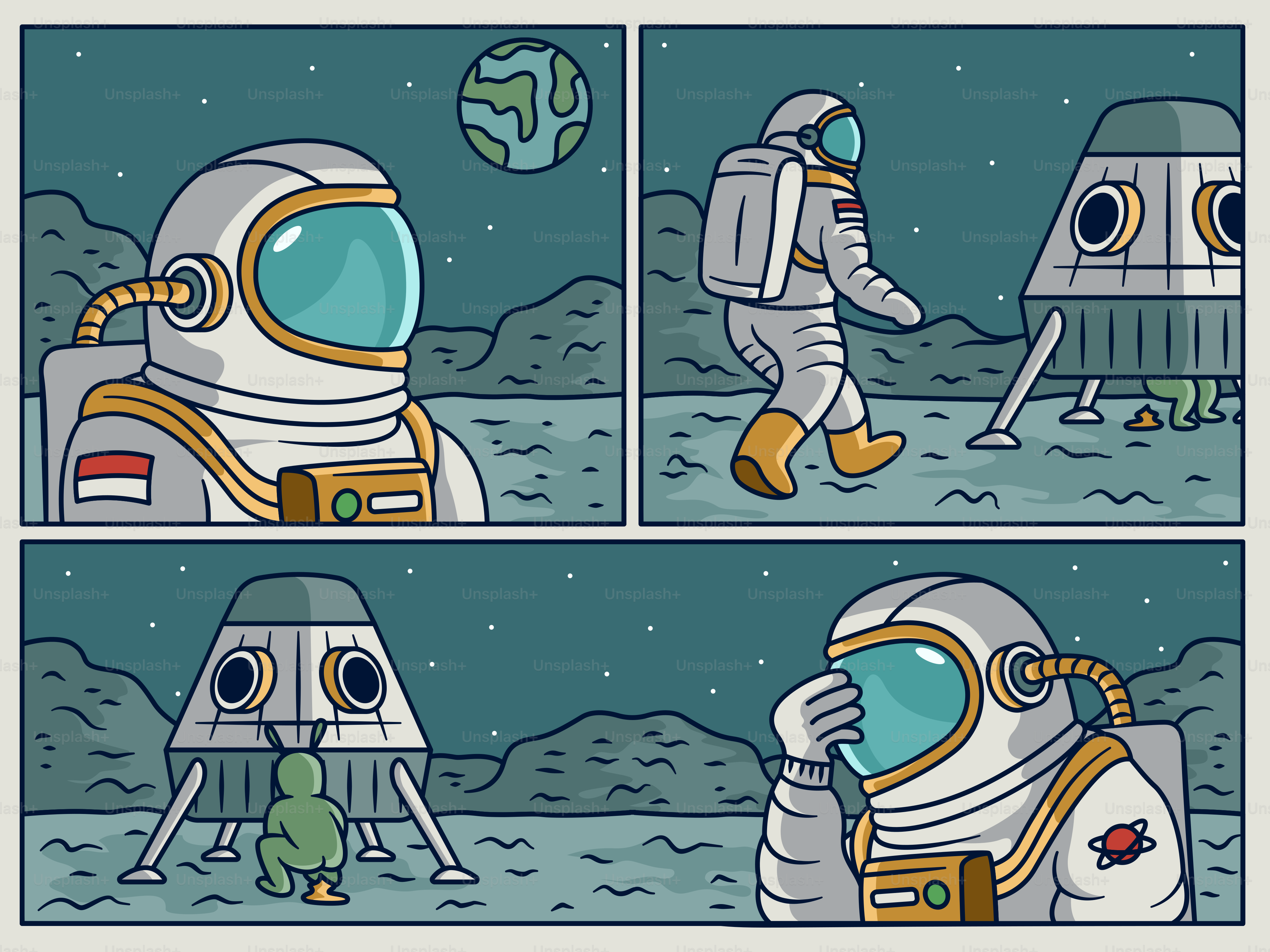 Astronaut encounters an alien on the moon.
