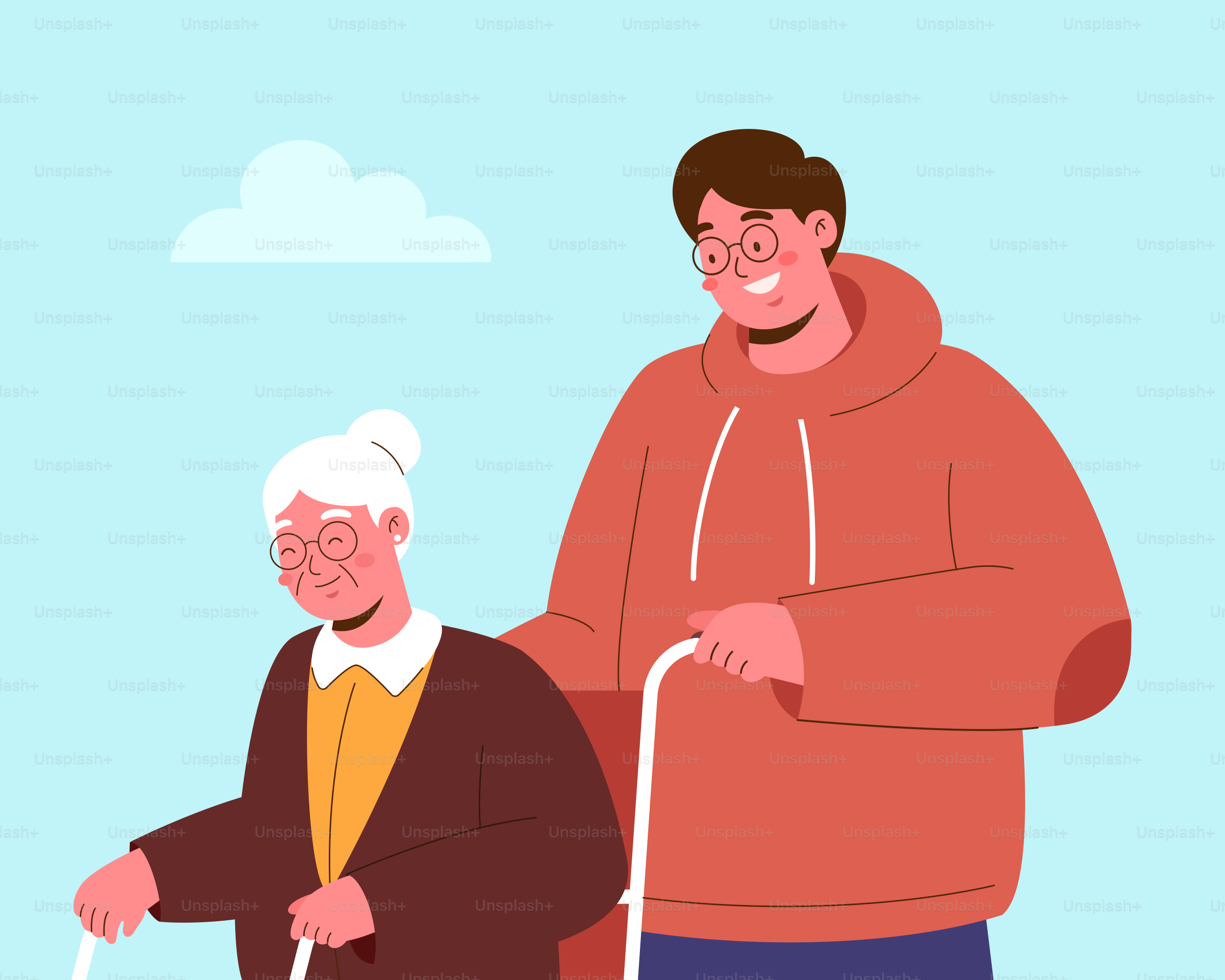 A young man helps an elderly woman.