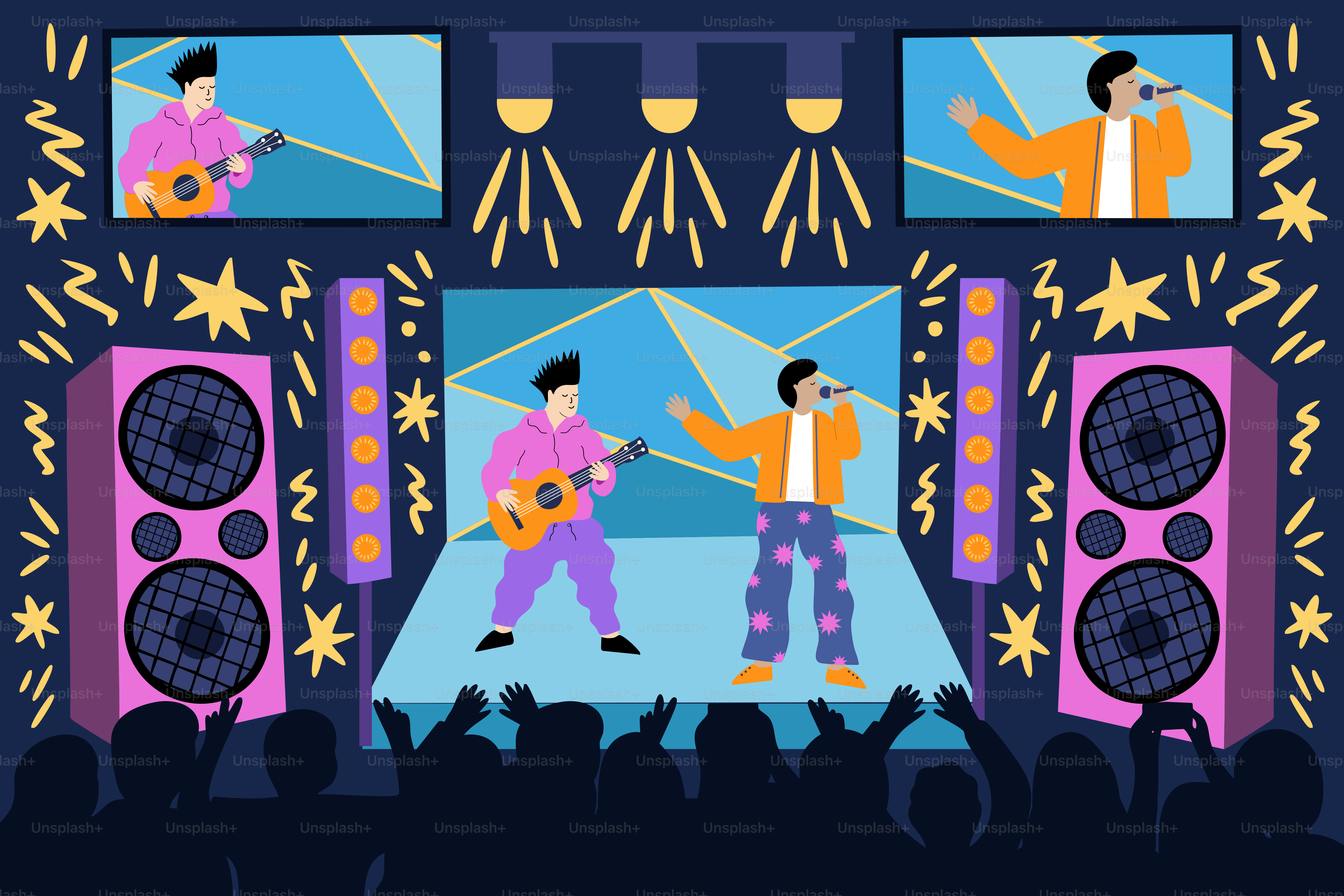 A band performs on stage for an excited audience.