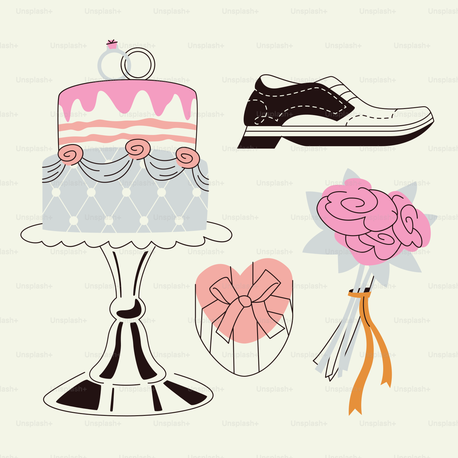 Wedding items including a cake, shoe, and flowers.