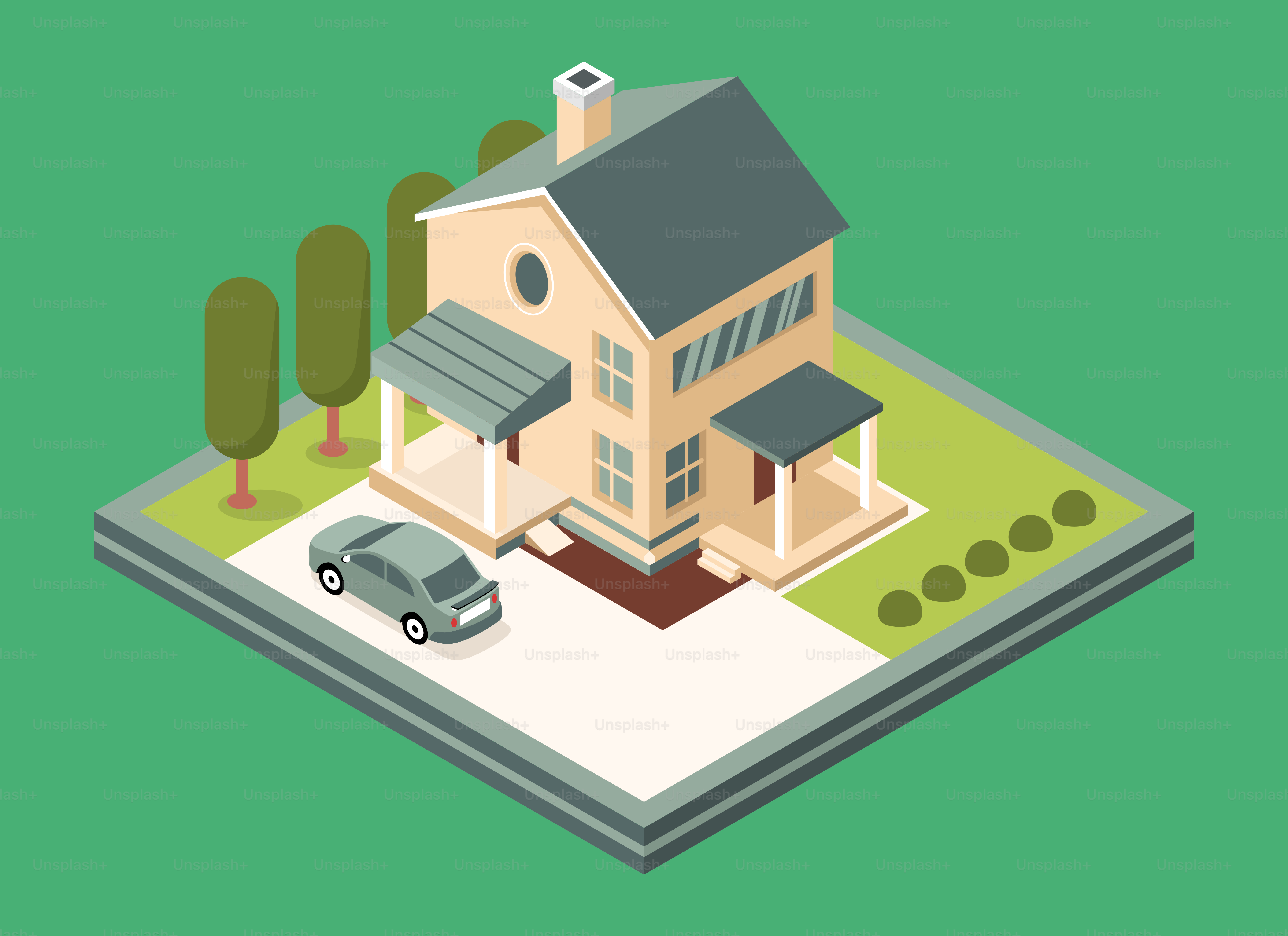 Sebuah rumah dengan mobil terletak di atas sebidang tanah.