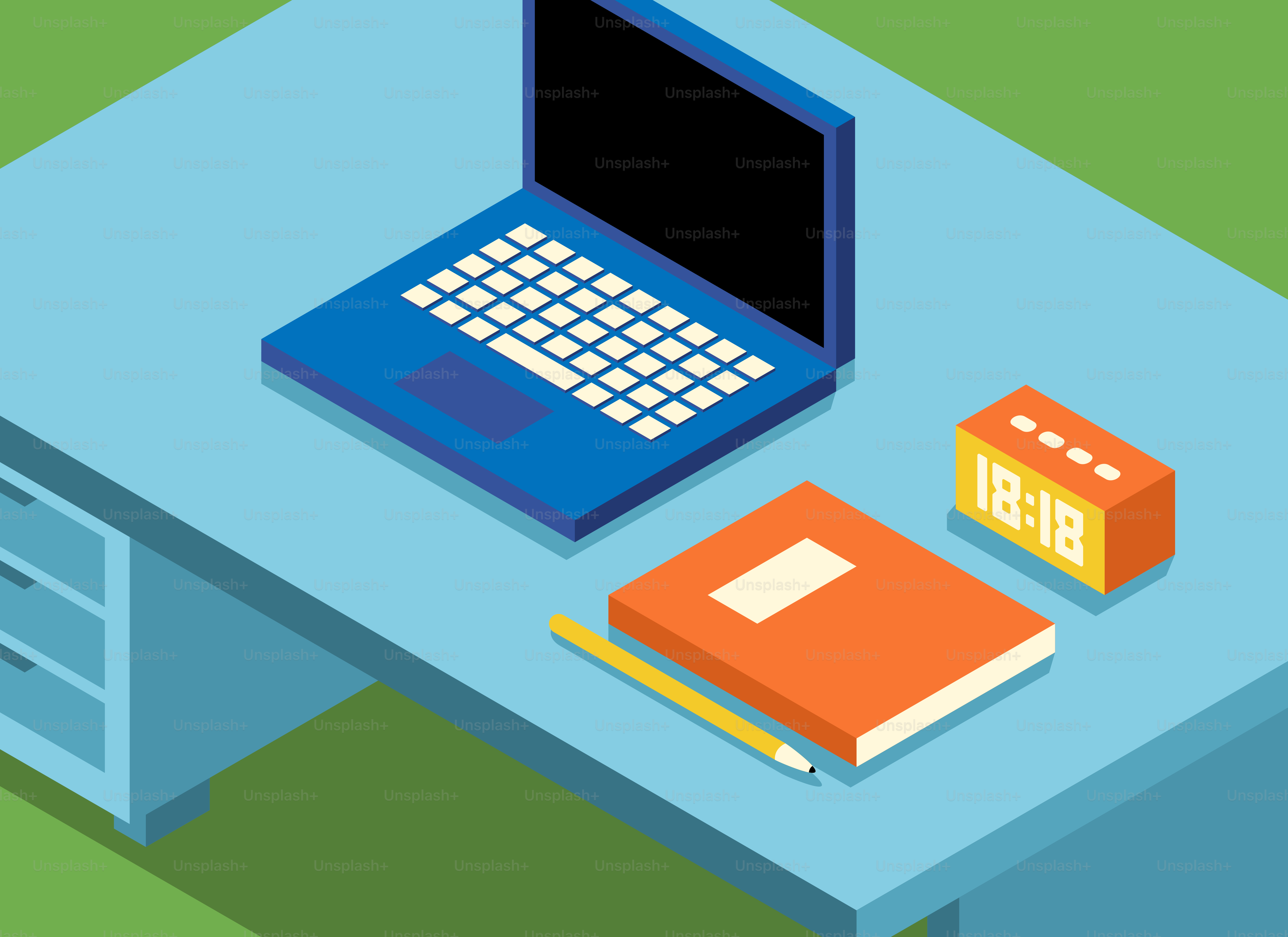 Laptop, notebook, and clock on a blue desk.