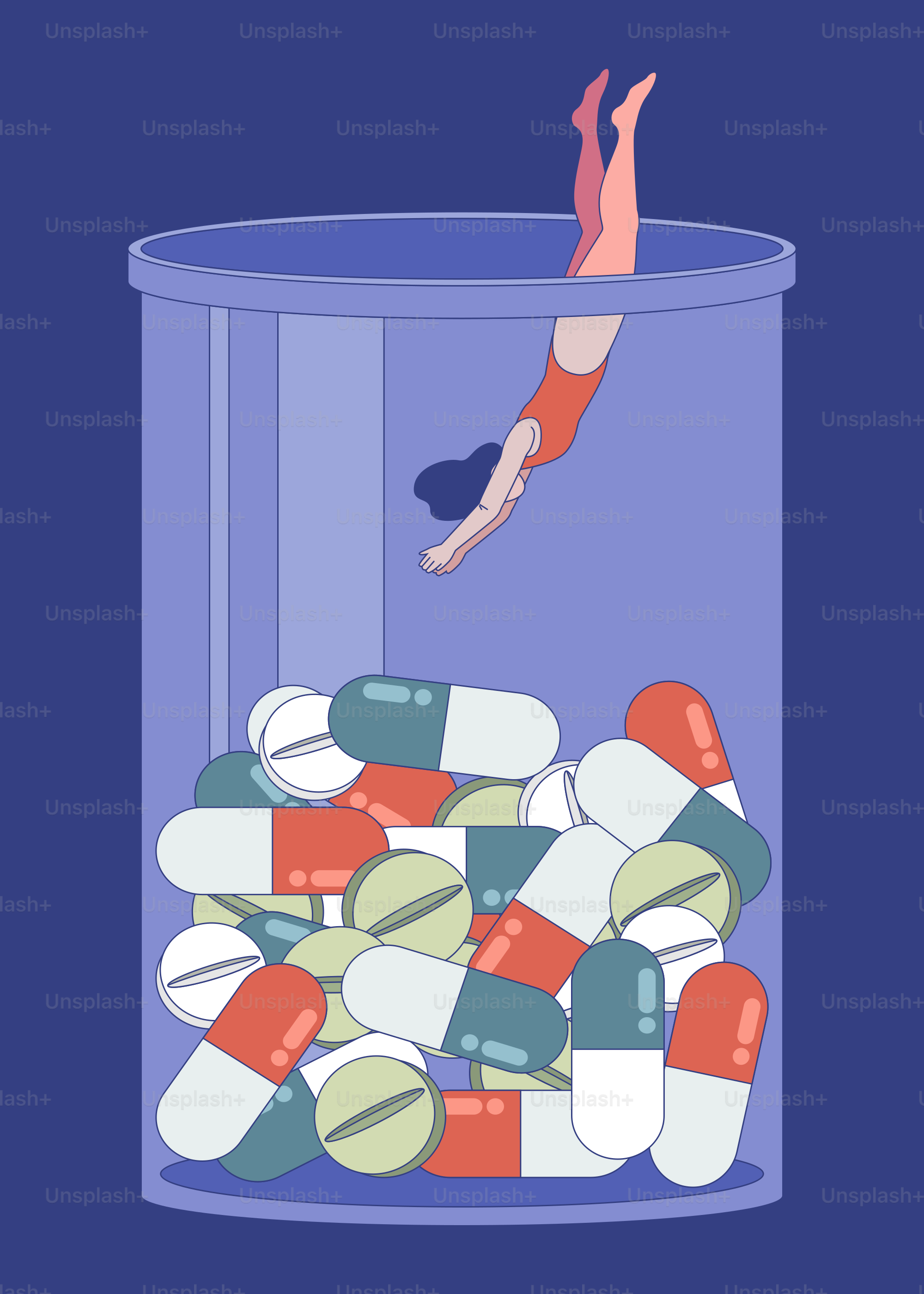 Woman dives into a bottle filled with pills.