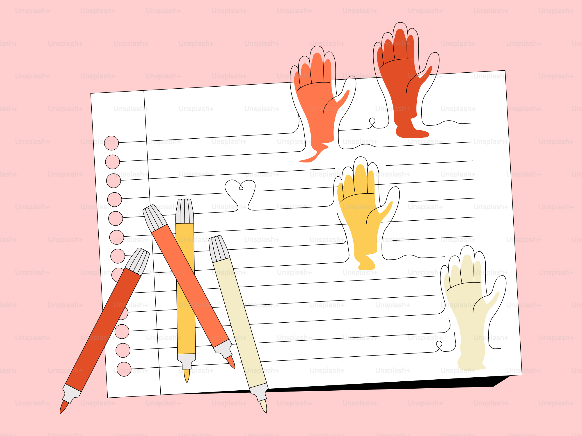 Pencils, hands, and paper depict creative ideas.