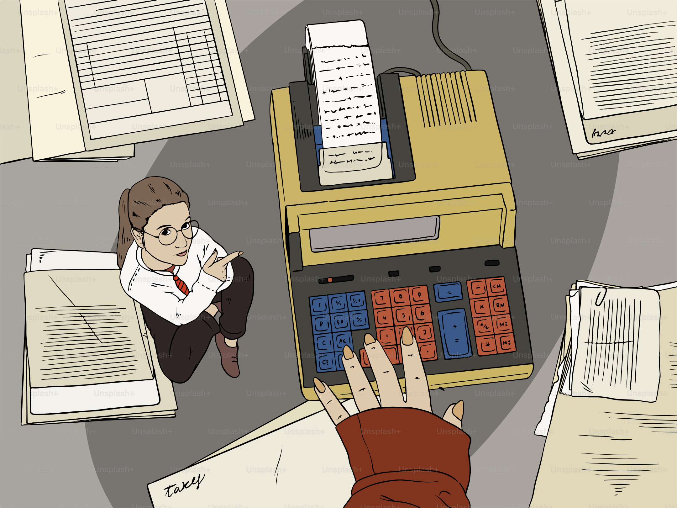 Woman uses an old calculator, surrounded by paperwork.
