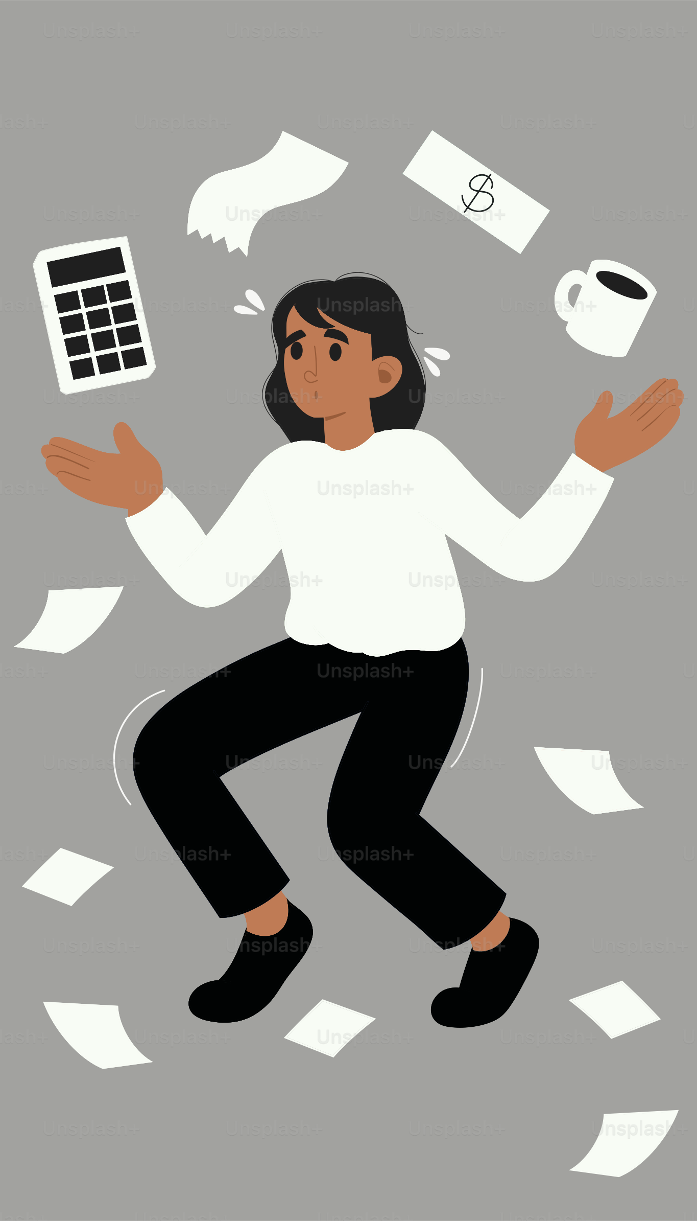 Person overwhelmed with paperwork and expenses.