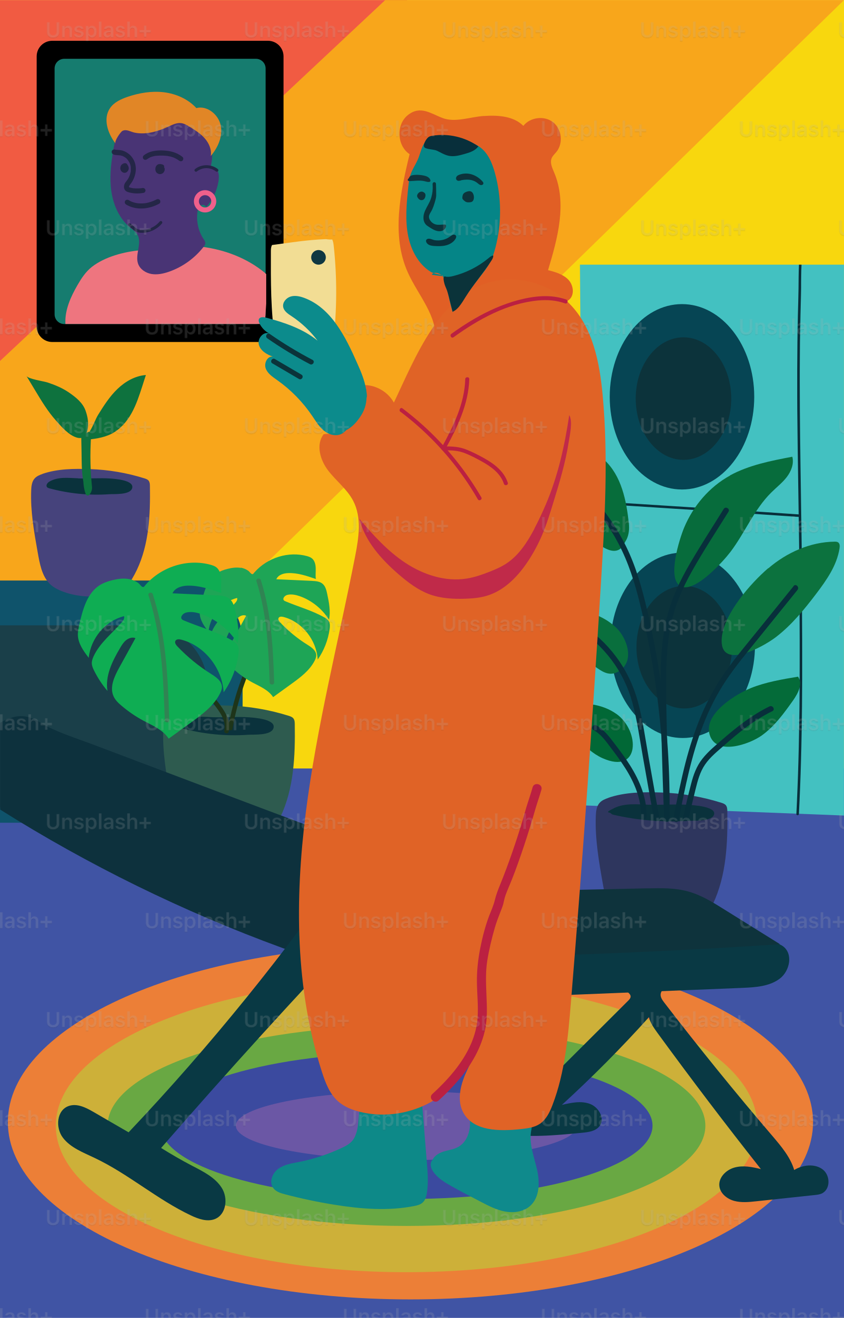 Una persona con mono se hace un selfie en interiores.