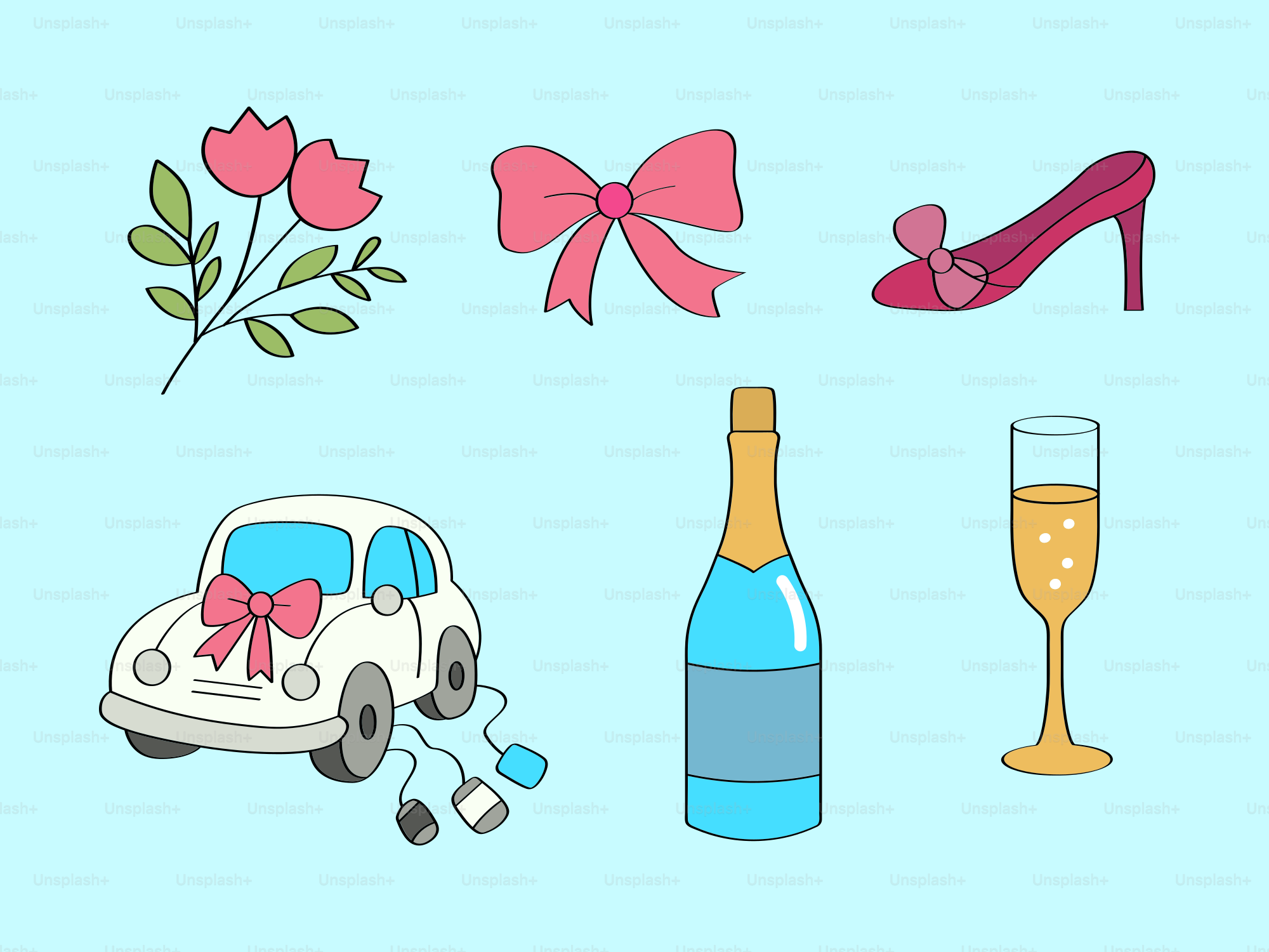 Wedding-themed items like flowers, shoes, and a car.