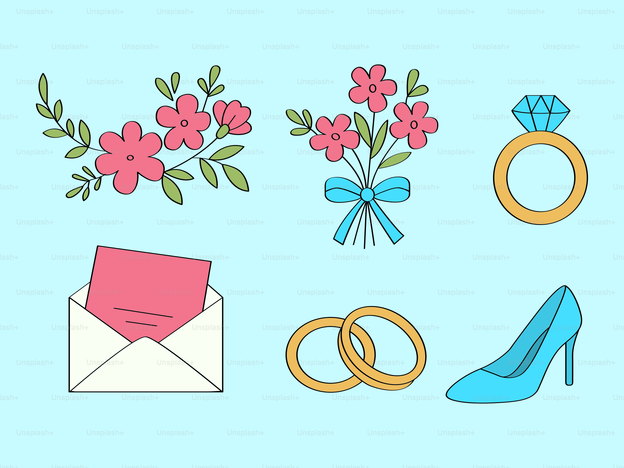 Hochzeitsbezogene Gegenstände werden auf einem hellblauen Hintergrund dargestellt.