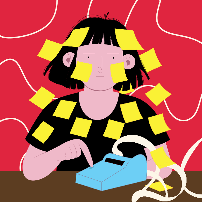 Overwhelmed person surrounded by notes and a calculator.