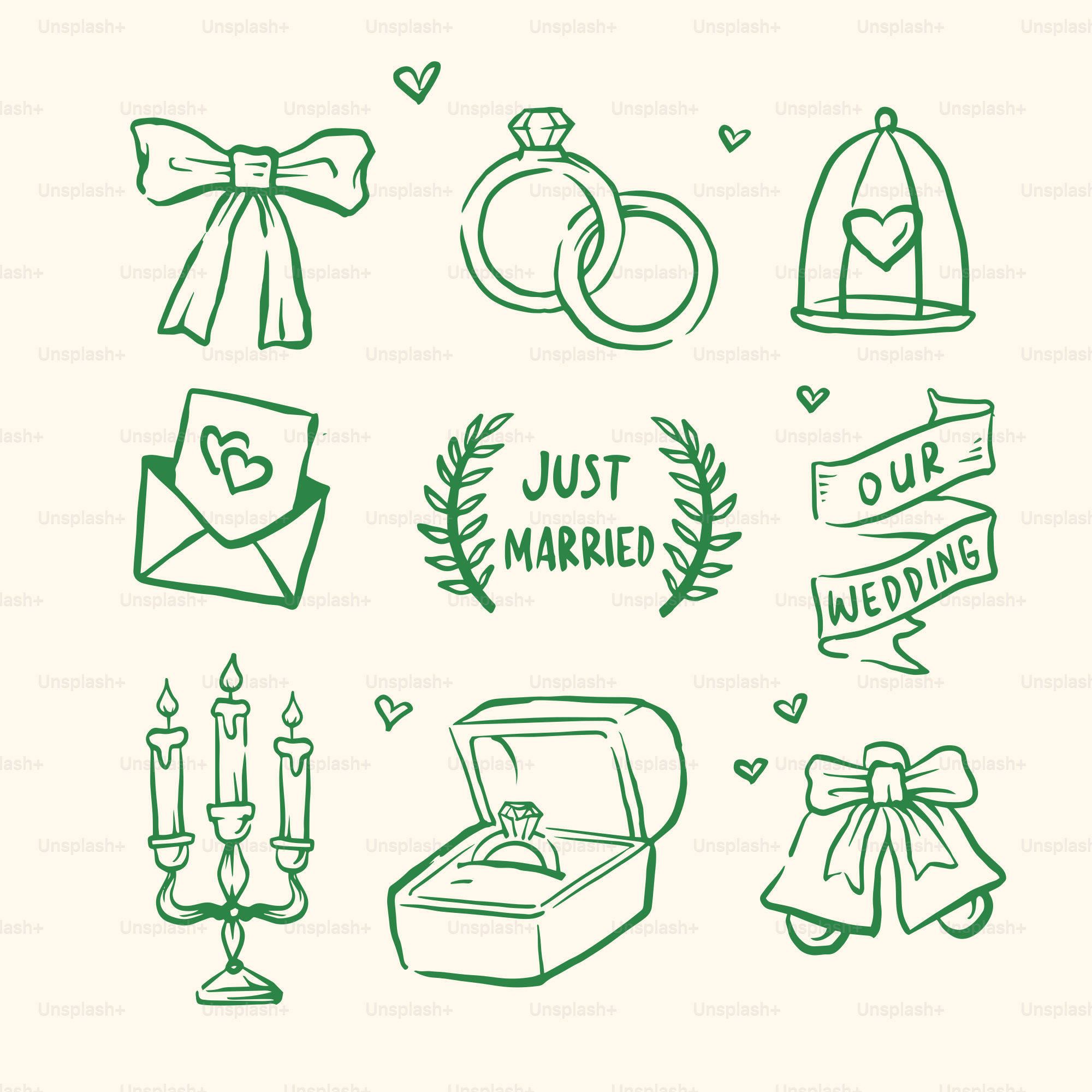 Wedding-themed doodles, including rings, candles, and bows.