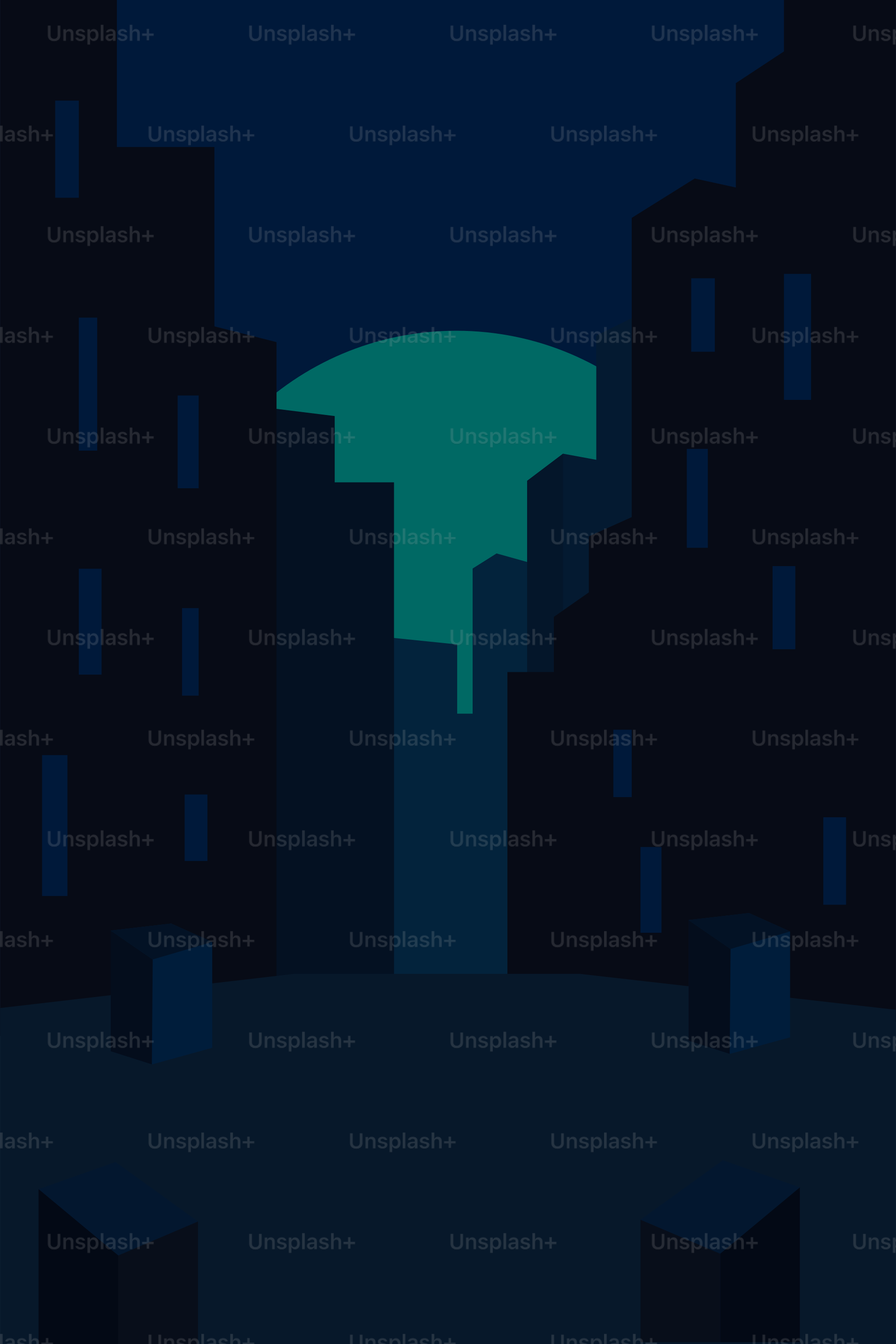 A dark night scene of buildings and a moon.