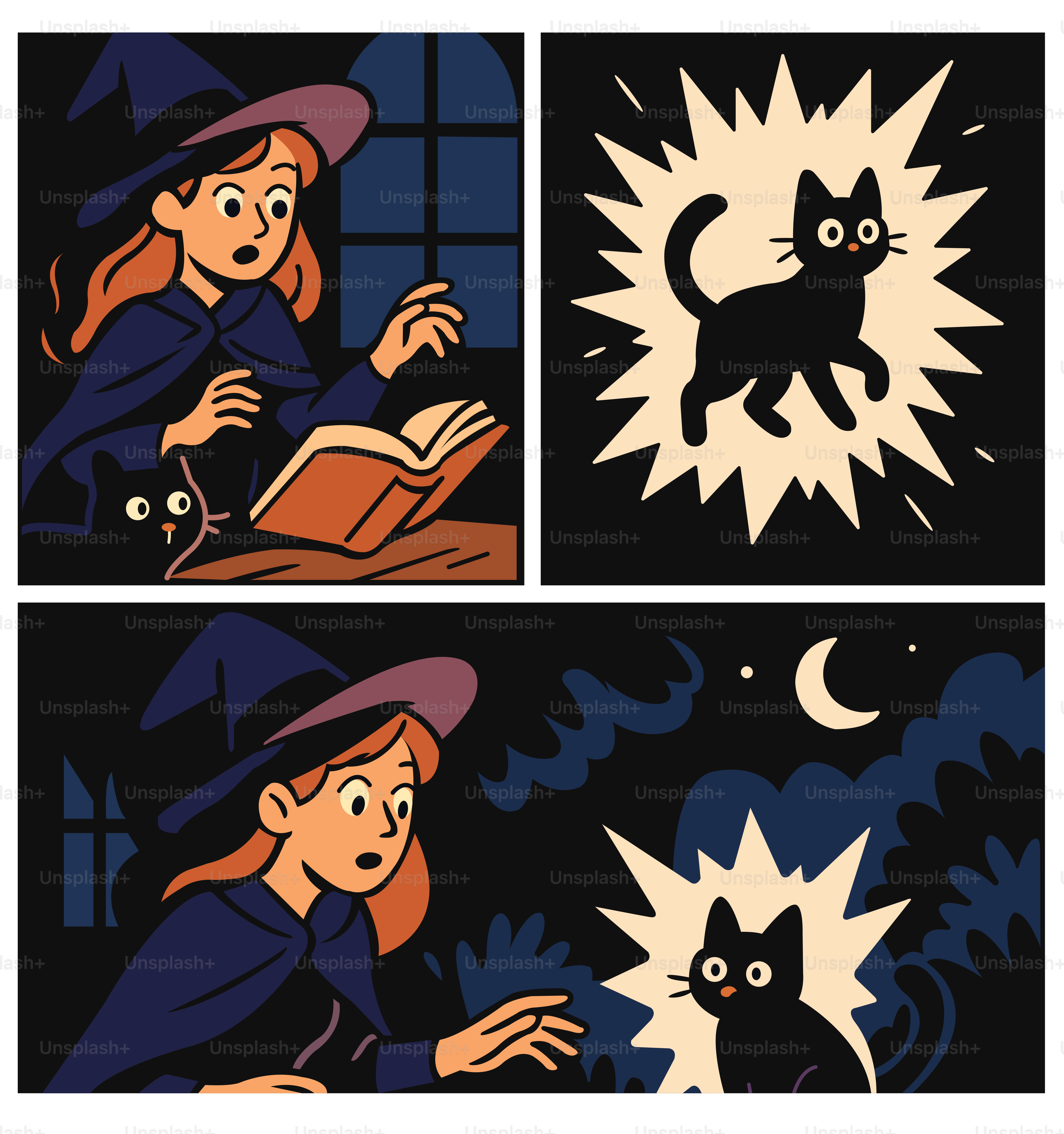 Una bruja transforma a su gato negro con magia.