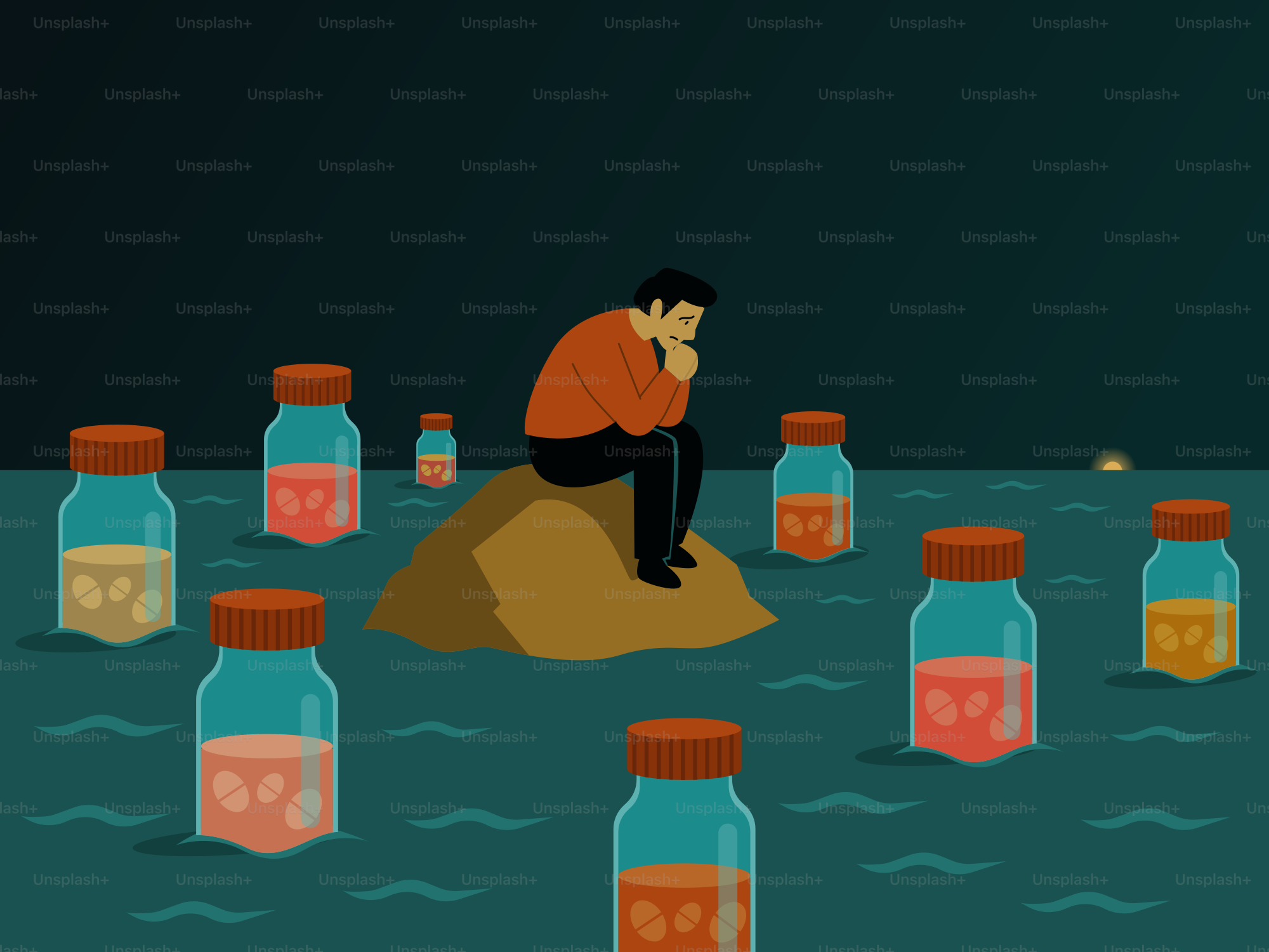 L'uomo contempla circondato da vasi in mare.