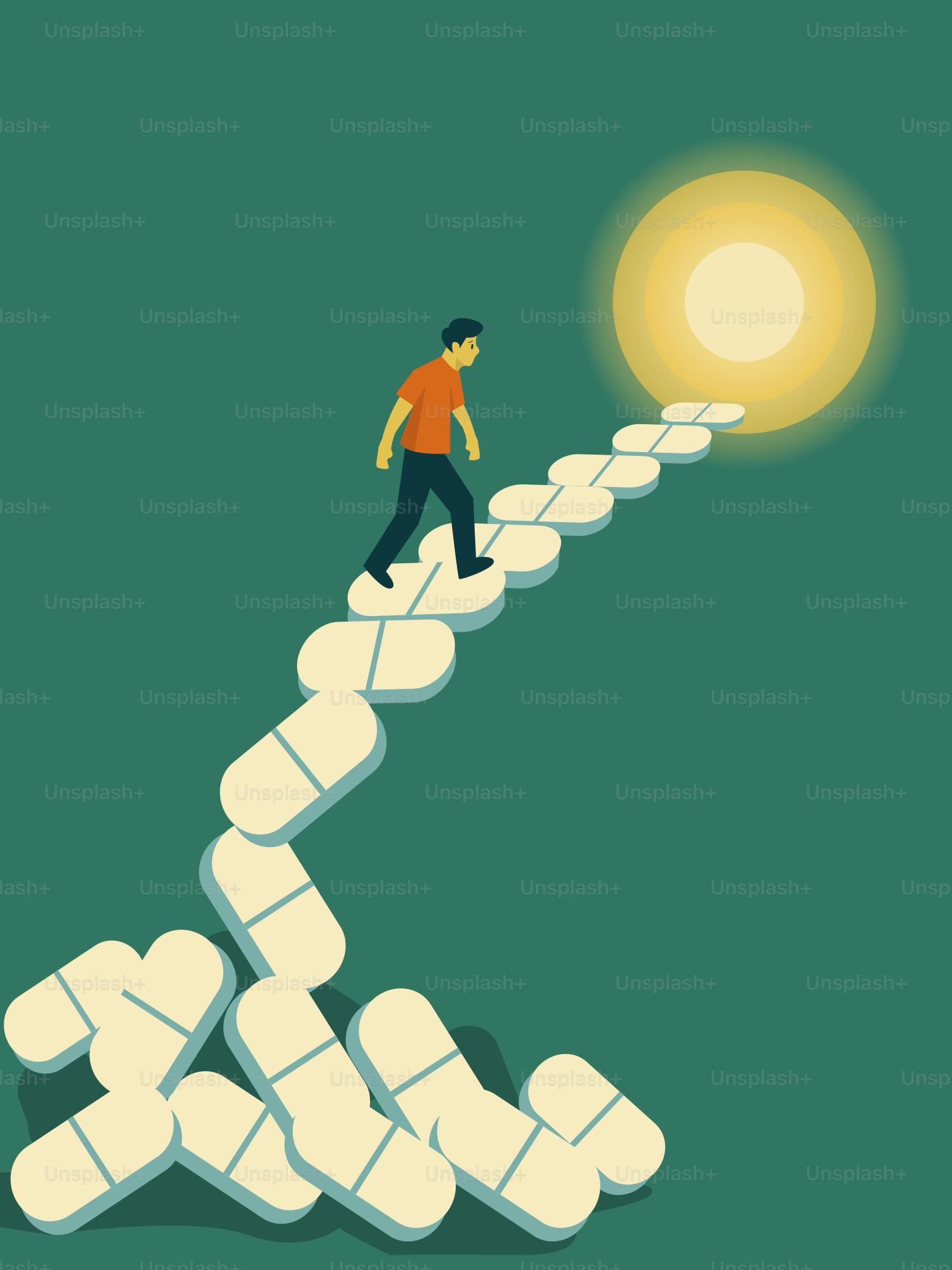 Una persona trepa pastillas hacia el sol brillante.