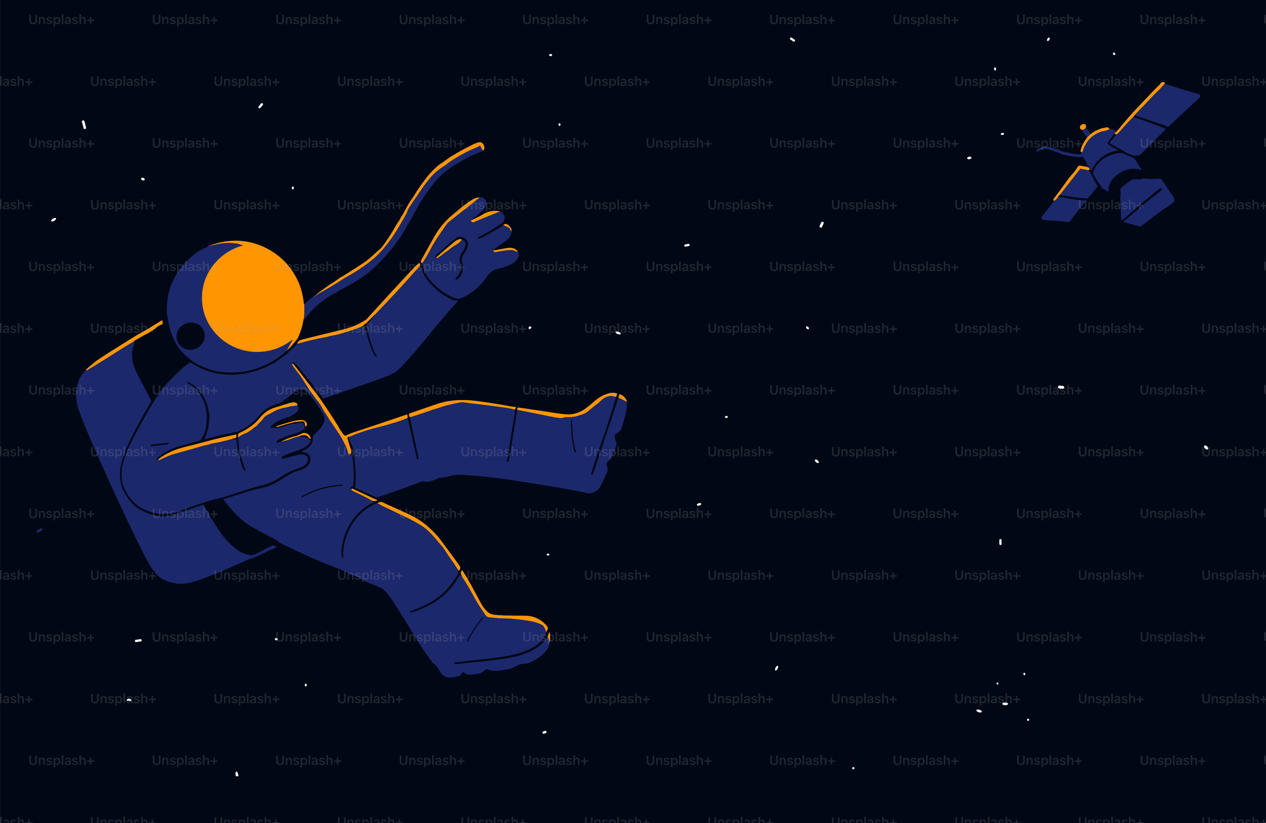 宇宙飛行士が暗く星空の宇宙を一人漂っている