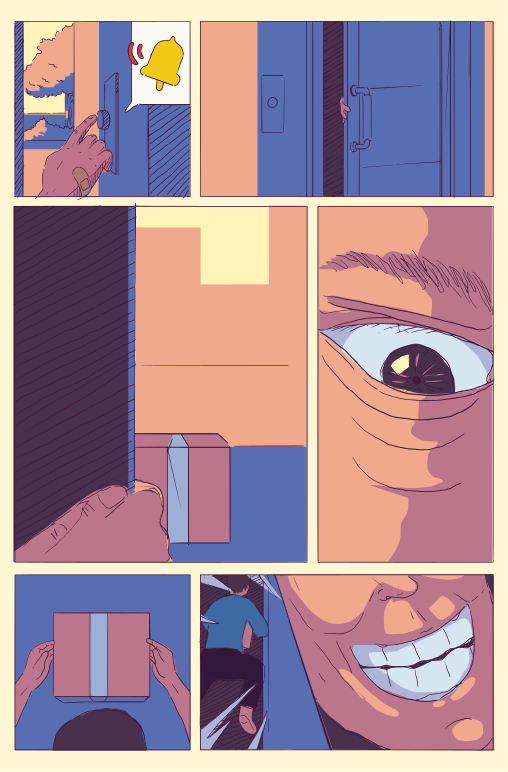 Someone gets a package, but is being watched.