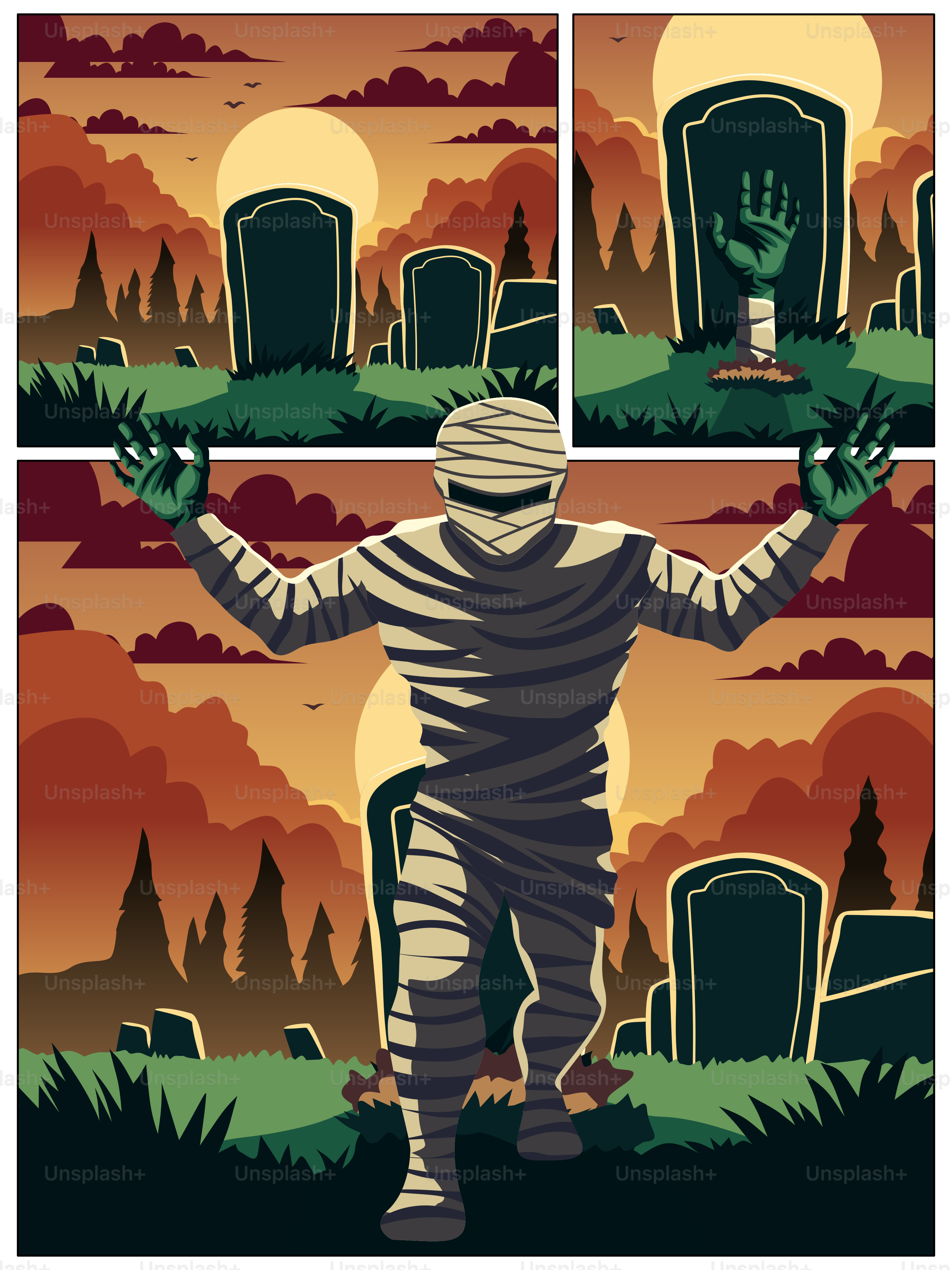 A mummy rises from a spooky cemetery.