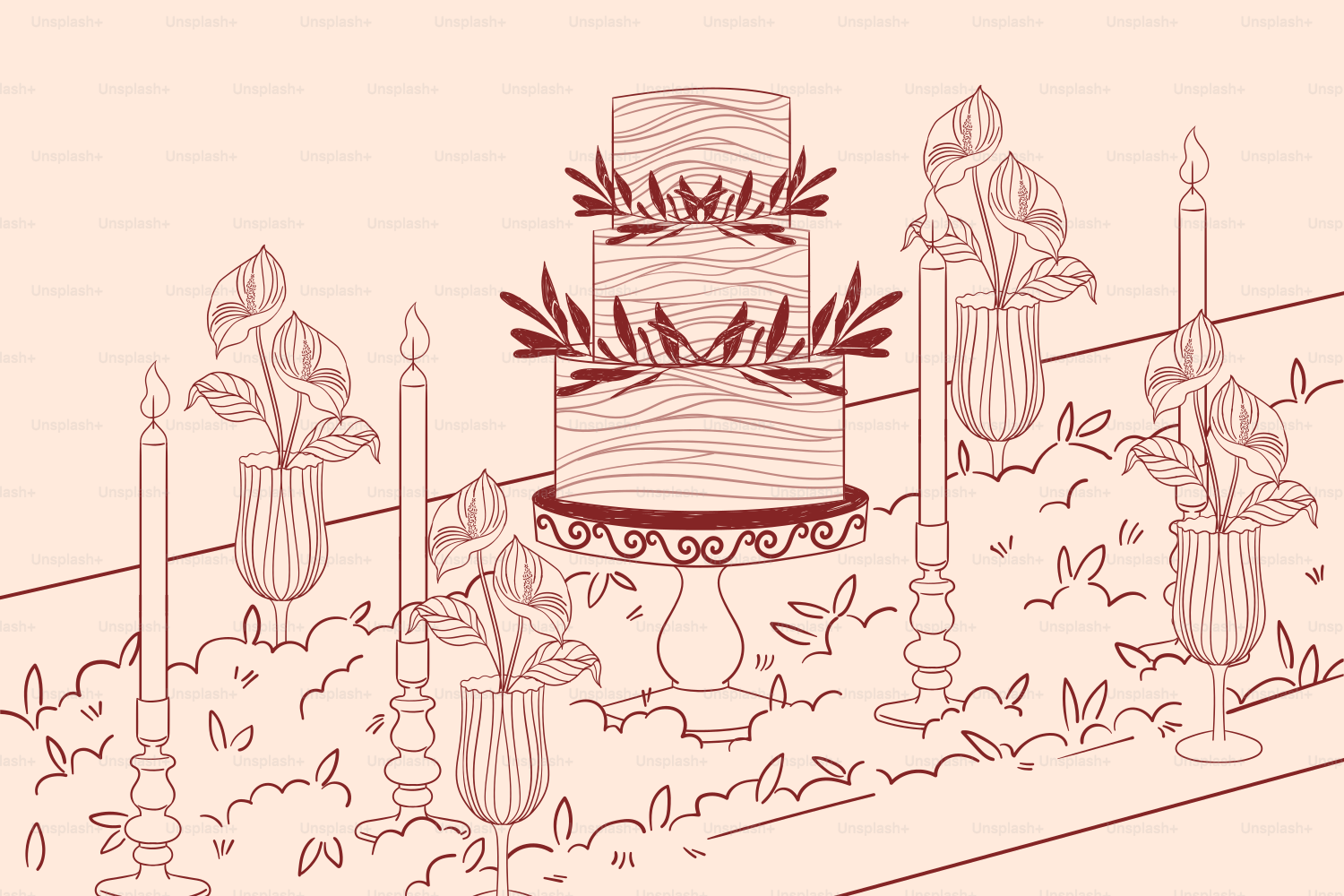 A decorated wedding cake with flowers and candles.